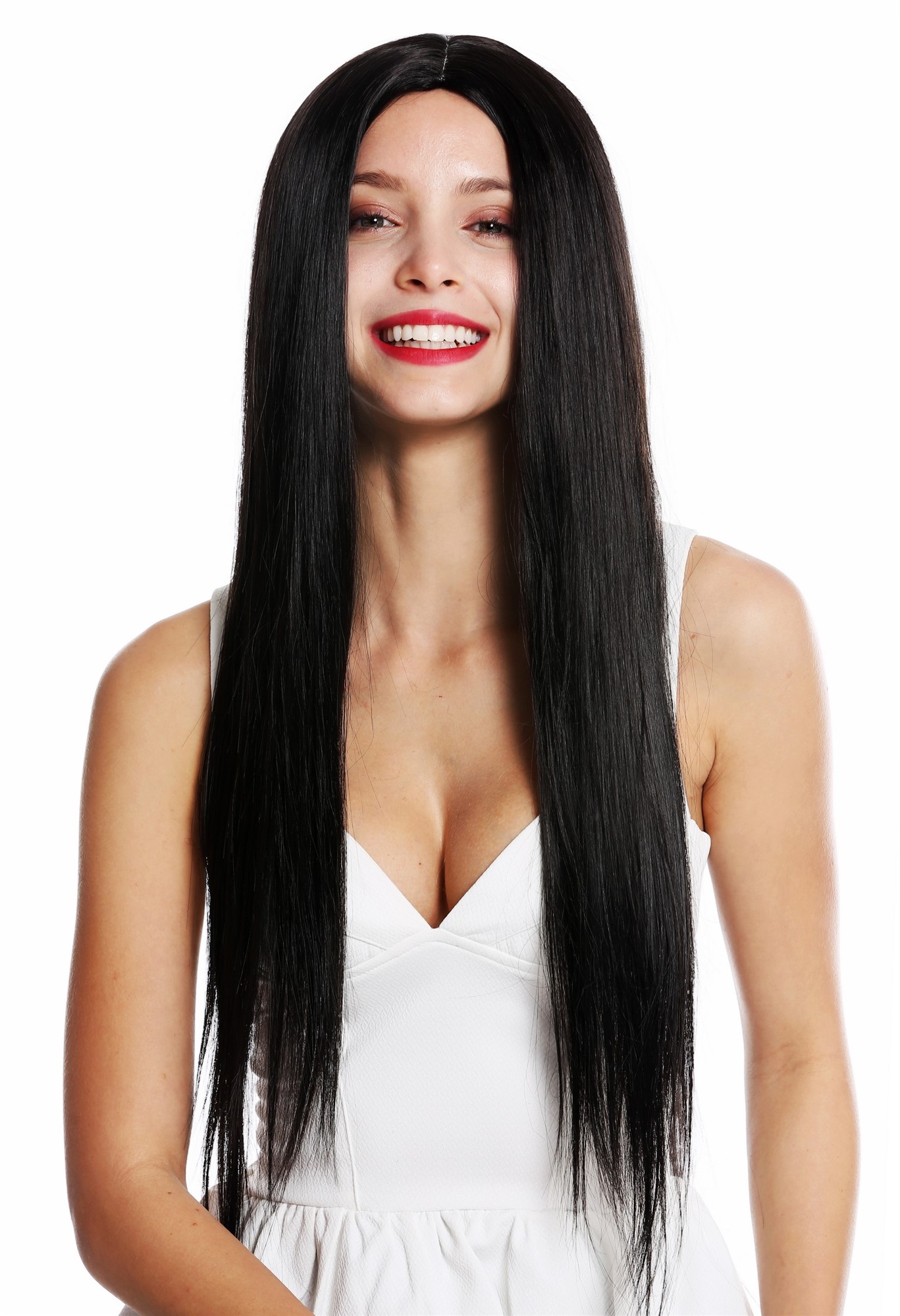hochwertige Qualitätsperücken, Perücke lang glatt Mittelscheitel Schwarzbraun Schwarz K9293L-2, Vorderansicht, WIG ME UP: Ihr Perücken Online Shop glatte Tressen-Perücke mit Kopfhaut-Imitat Schwarzbraun sehr lange Haare für Damen