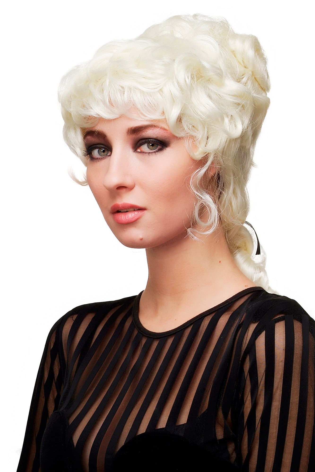 hochwertige Qualitätsperücken, Perücke Turmfrisur Barock Weißblond Hellblond L.COLONIAL.Lady-1001, Vorderansicht, WIG ME UP: Ihr Perücken Online Shop lockige Tressen-Perücke Hellblond schulterlange Haare für Damen