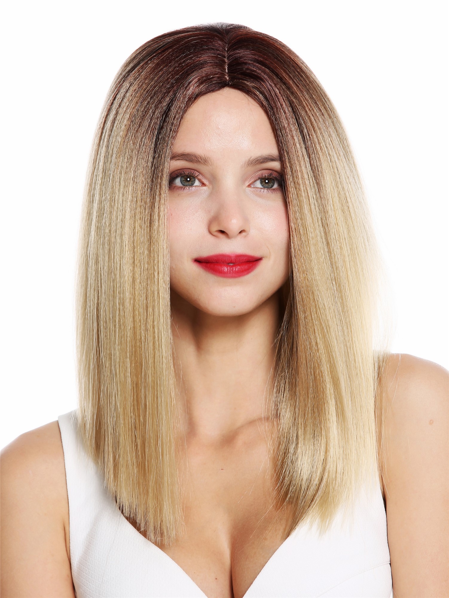 hochwertige Qualitätsperücken, Perücke schulterlang glatt Blunt Cut Ombre Blond Braun Mix VK-51-24BYS33, Ansicht 2, WIG ME UP: Ihr Perücken Online Shop glatte Tressen-Perücke mit Kopfhaut-Imitat Blond-Braun-Mix schulterlange Haare für Damen