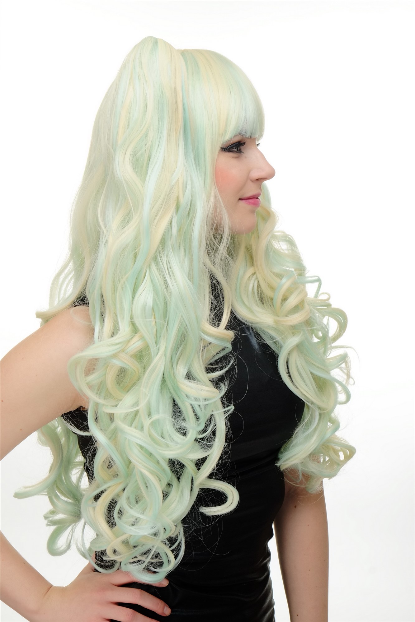 hochwertige Qualitätsperücken, Perücke Cosplay Lang Zöpfe Hellblond Hellblau YZF-7092L+A-T5507/613, Ansicht 3, WIG ME UP: Ihr Perücken Online Shop lockige Tressen-Perücke mit Kopfhaut-Imitat Lichtblond-Hellgrün sehr lange Haare für Damen