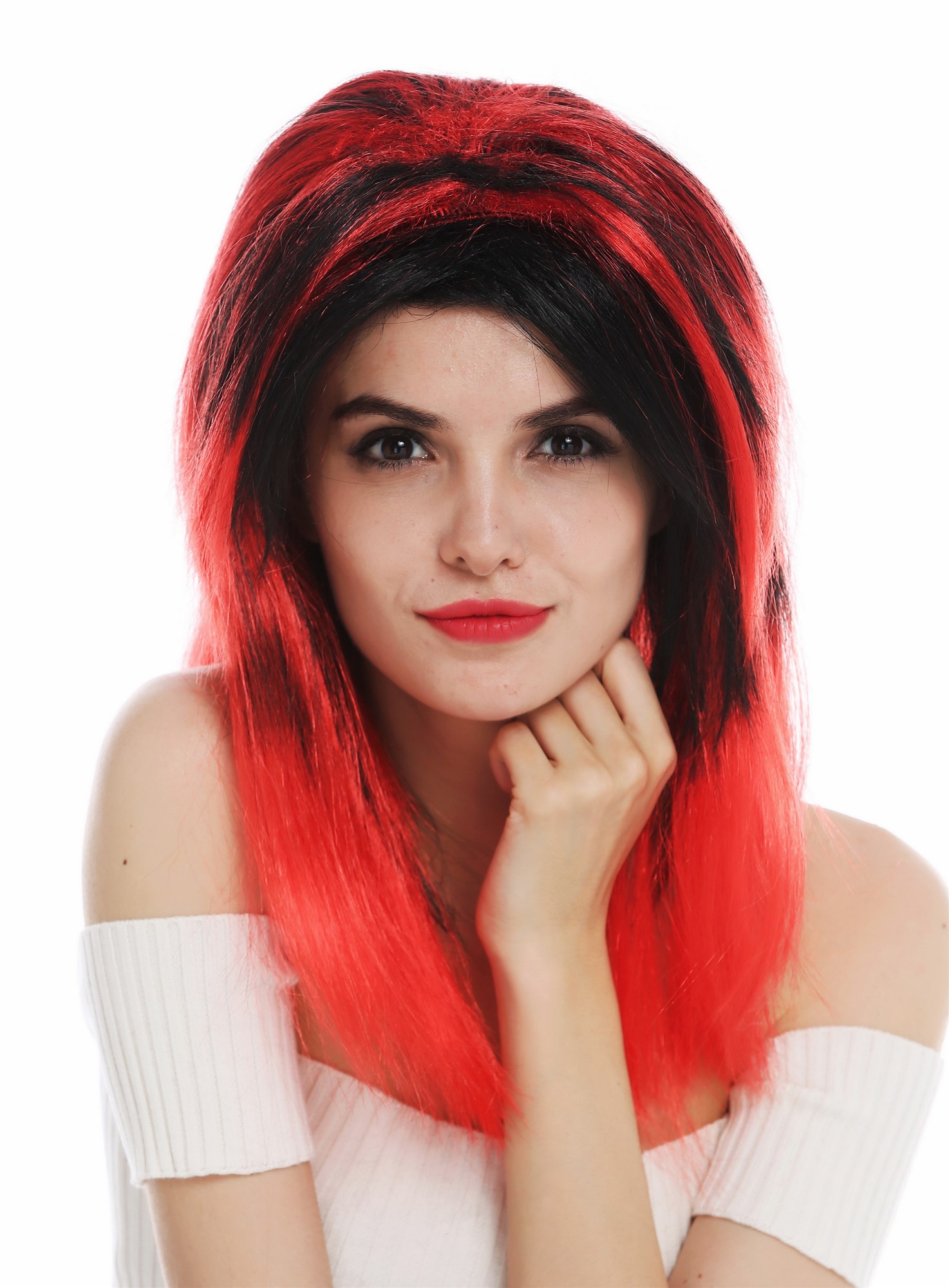 günstige Party Perücke, Perücke lang glatt Mittelscheitel schwarz rot gesträhnt Teufelin 63040-P103-13, Vorderansicht, WIG ME UP: Ihr Perücken Online Shop glatte Party Perücke Tiefschwarz-Knallrot-Mix schulterlange Haare für Damen