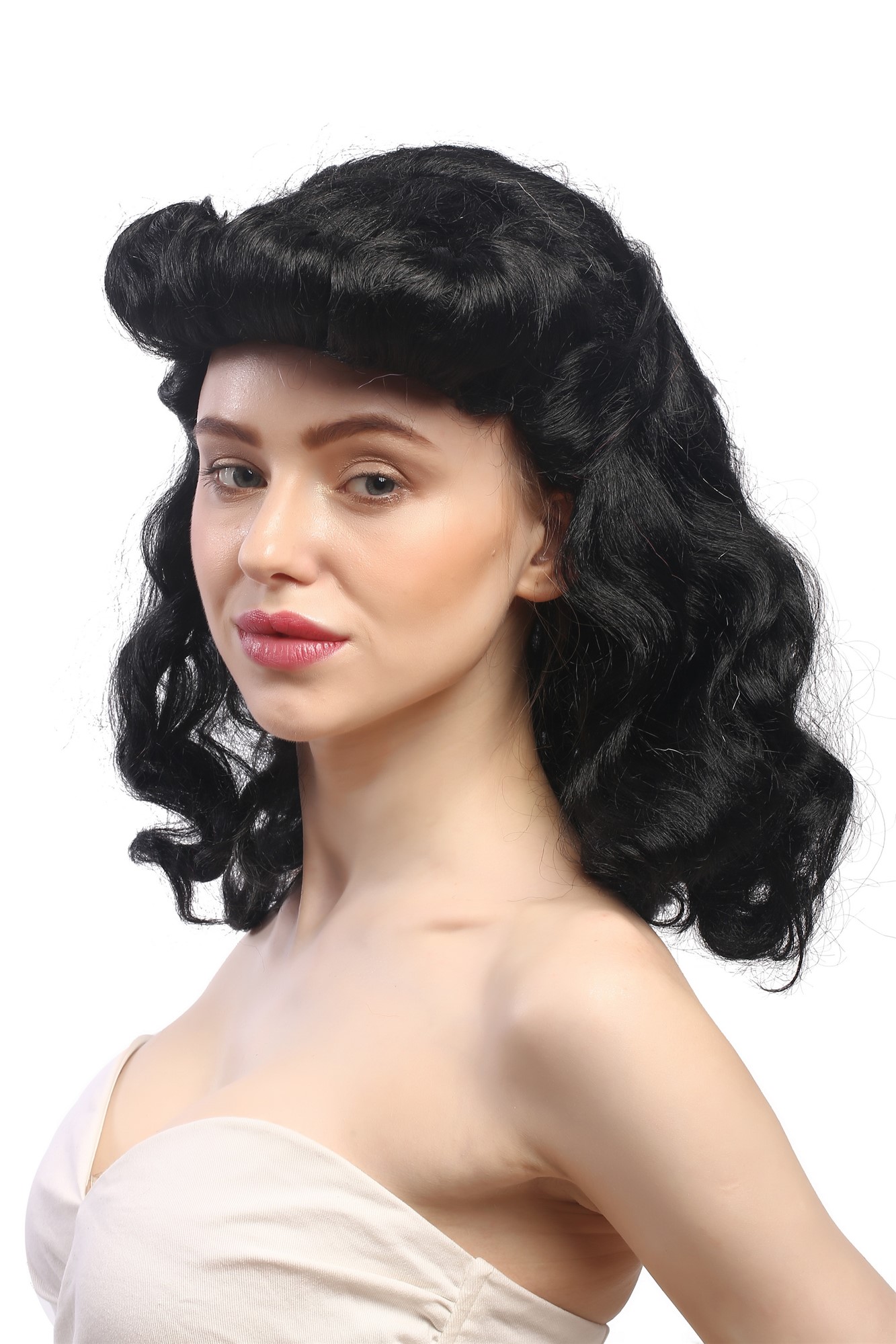 günstige Party Perücke, Perücke Tolle Südstaaten Rockabilly Schwarz 91020-ZA103, Ansicht 2, WIG ME UP: Ihr Perücken Online Shop wellige Party Perücke Schwarz schulterlange Haare für Damen