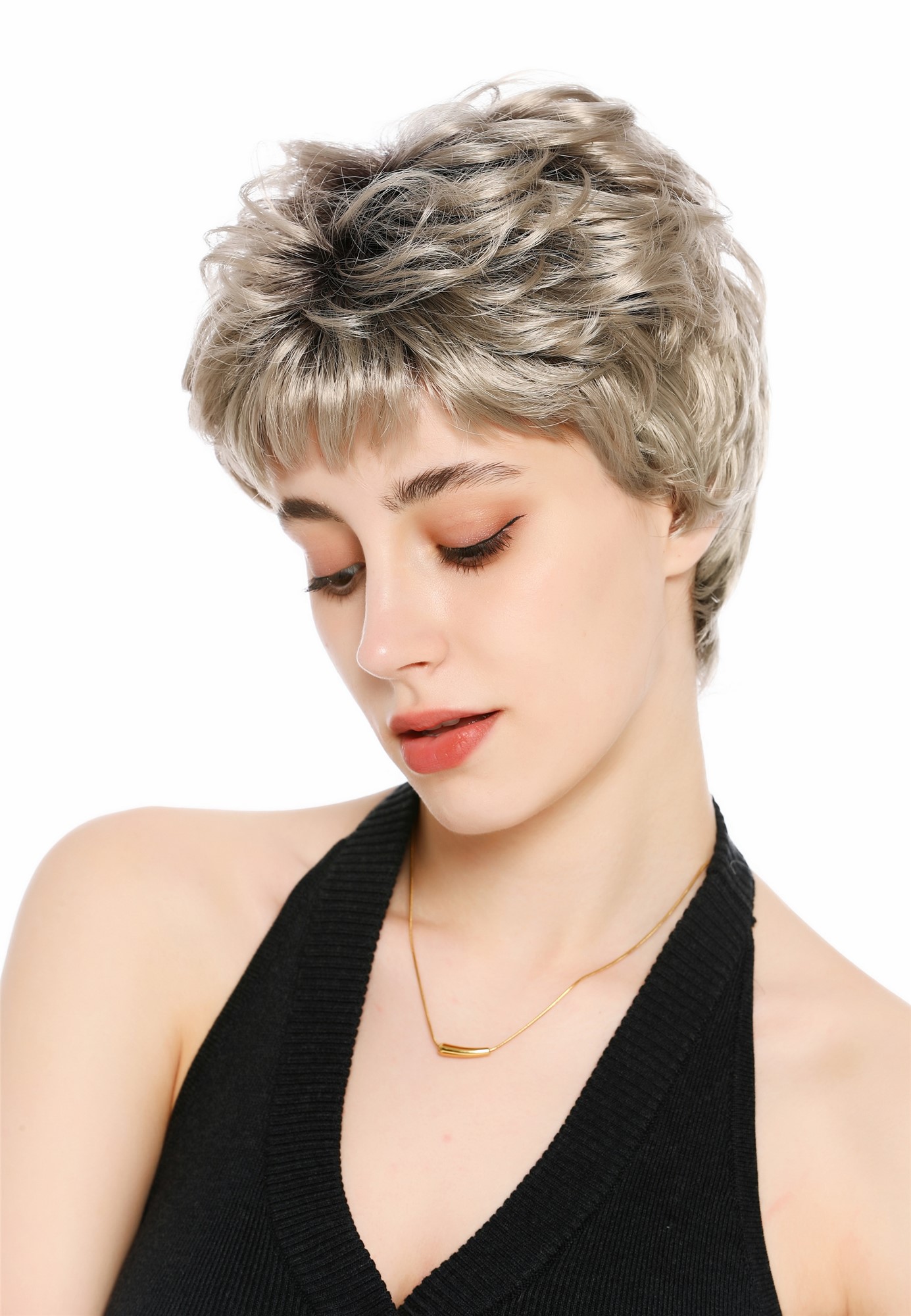 Perücke Damen Herren Frauen kurz androgyn burschikos wellig braun aschblond VK-60-F101YS4