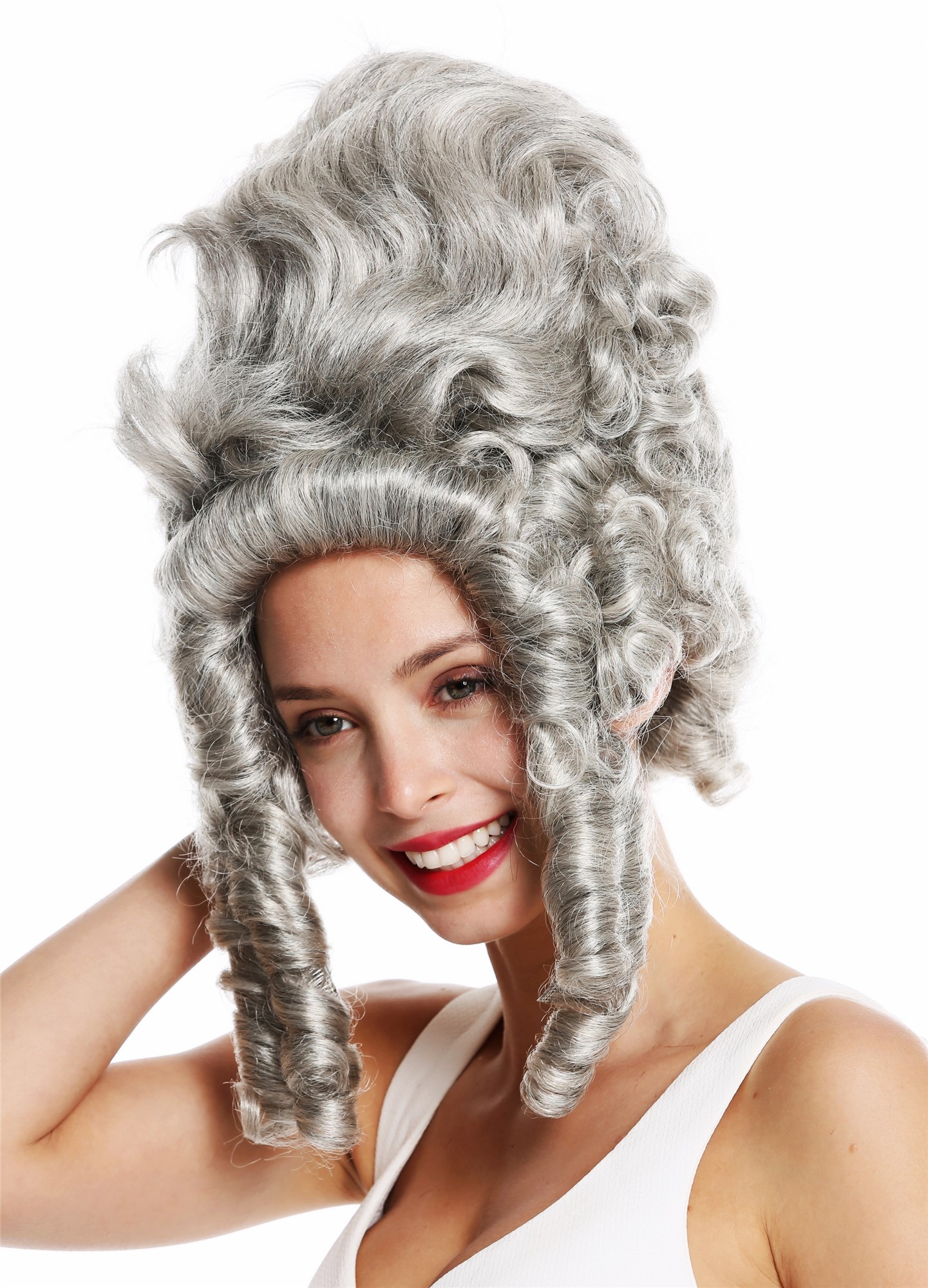 hochwertige Qualitätsperücken, Perücke Barock Pompadour Gräfin Grau VK-38-51, Vorderansicht, WIG ME UP: Ihr Perücken Online Shop lockige Tressen-Perücke Silbergrau-Schwarz-Mix schulterlange Haare für Damen