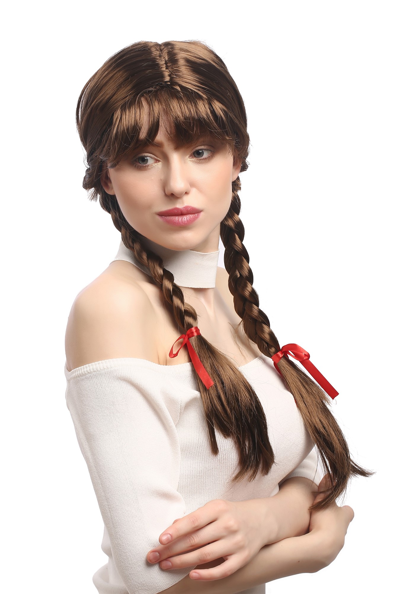 Lady Wig Halloween Lolita schoolgirl long braided plaits fringe brown XR-008, front view, WIG ME UP: Your Perücken Online Shop Party Wig, Ladies, medium brown, Braided, long