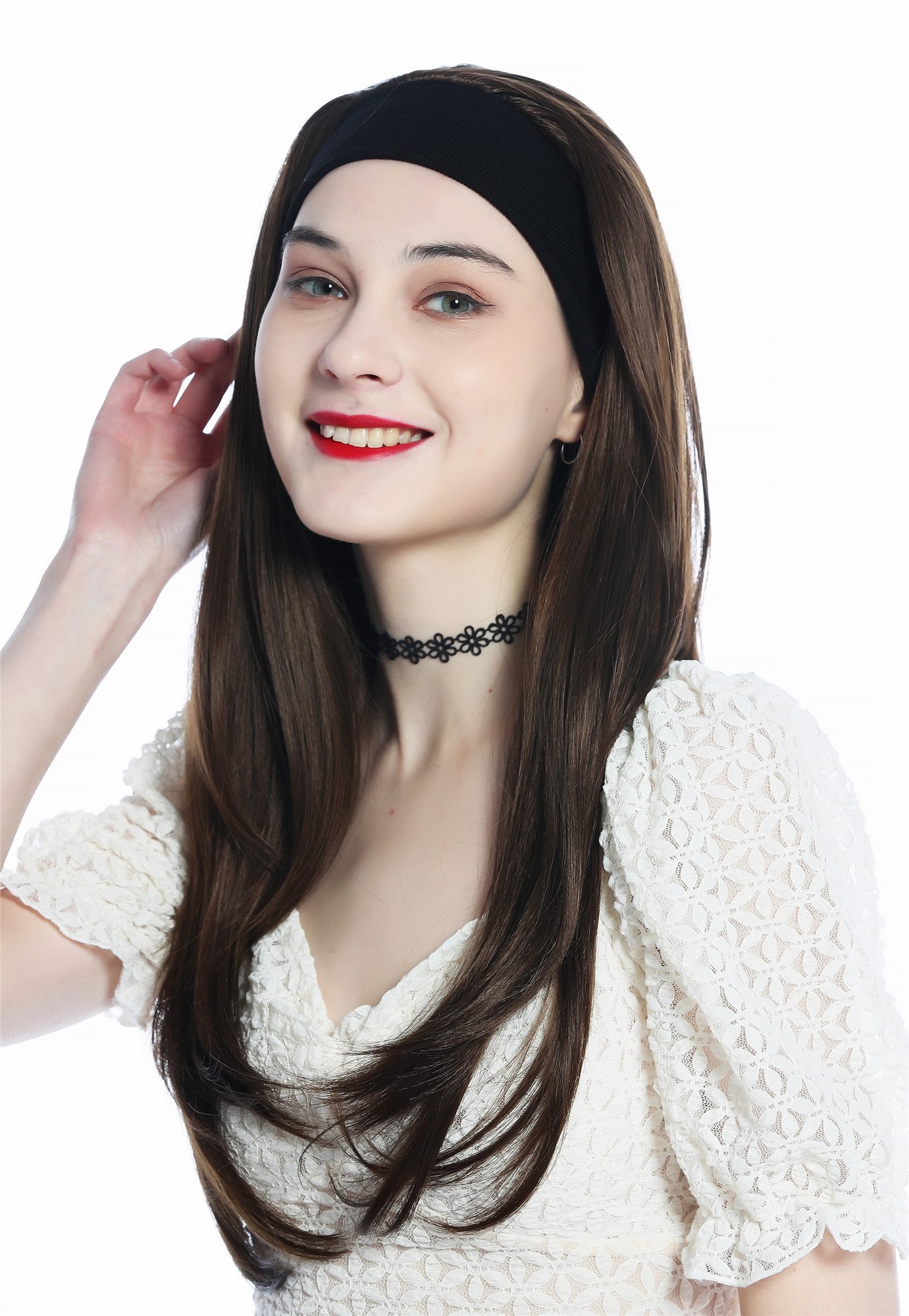 hochwertige Qualitätsperücken, Perücke Halbperücke Stirnband lang glatt braun aschbraun H9306-8, Ansicht 2, WIG ME UP: Ihr Perücken Online Shop glatte Tressen-Perücke mit Stirnband Mittelbraun lange Haare für Damen