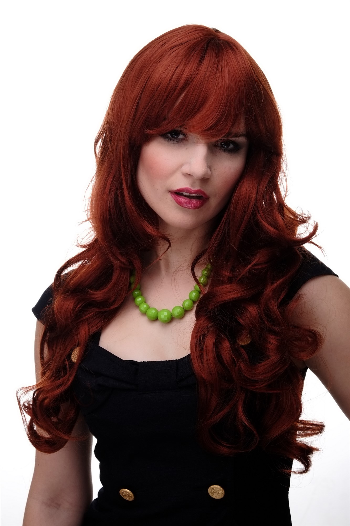 Lady wig very long curling tips straight top fringe bangs dark copper red 285, front view, WIG ME UP: Your Perücken Online Shop Quality Wigs, Ladies, copper, curled, long