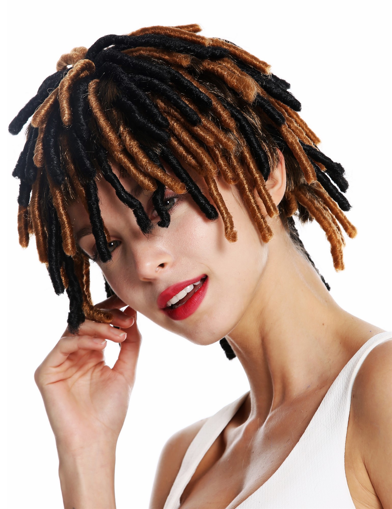 Party wig corkscrew curls afro short voluminous Rasta dreads black brown DH1110, view 3, WIG ME UP: Your Perücken Online Shop Party Wig, Unisex, Black,Dark Blonde, curled, short