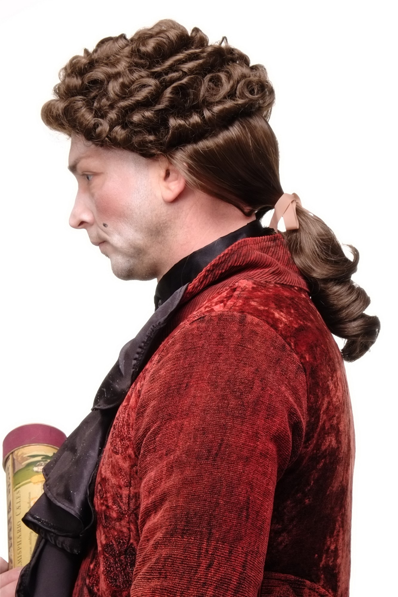 Wig for Man Men Gents Theatre Renaissance Baroque Casanova curls ponytail Aristocrat brown, front view, WIG ME UP: Your Perücken Online Shop Quality Wigs, Men, Vibrant medium brown, curled, shoulder-length
