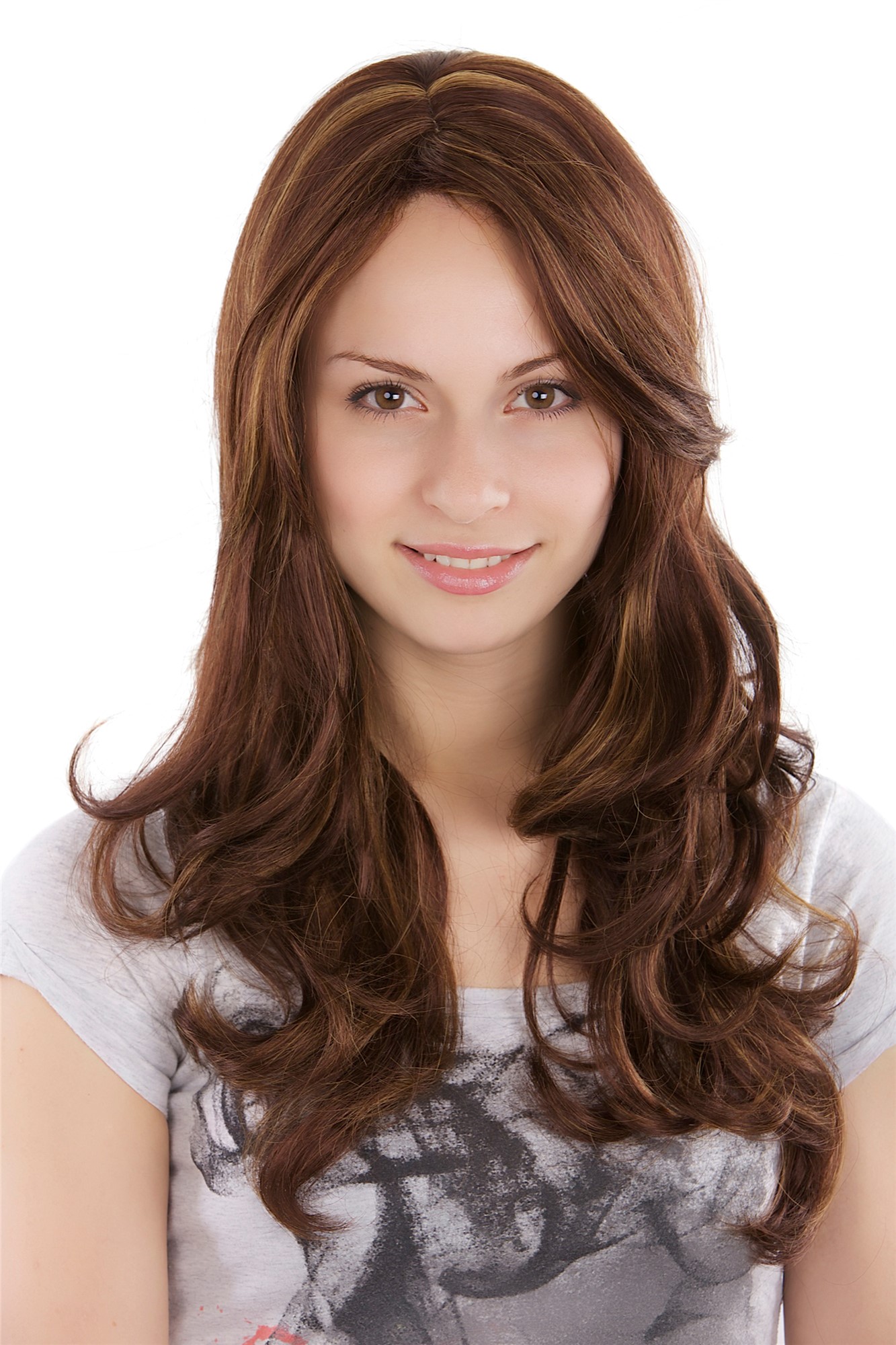 Lady women wig shoulder length mahogany blond highlights wavy curled 3243, front view, WIG ME UP: Your Perücken Online Shop Quality Wigs, Ladies, Brown, wavy, long