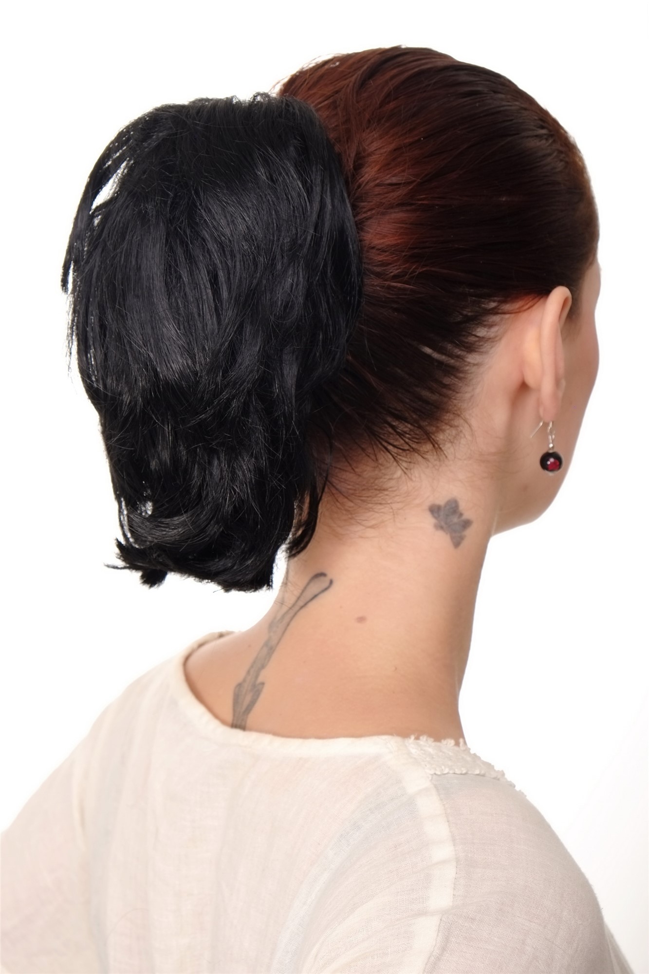 hochwertiges Haarteil Schwarz kurz wild Befestigung mit Butterfly-Klammer Modell: T6545, Ansicht 3, WIG ME UP: Ihr Perücken Online Shop glattes Zopf-Haarteil Schwarz 20 cm lang