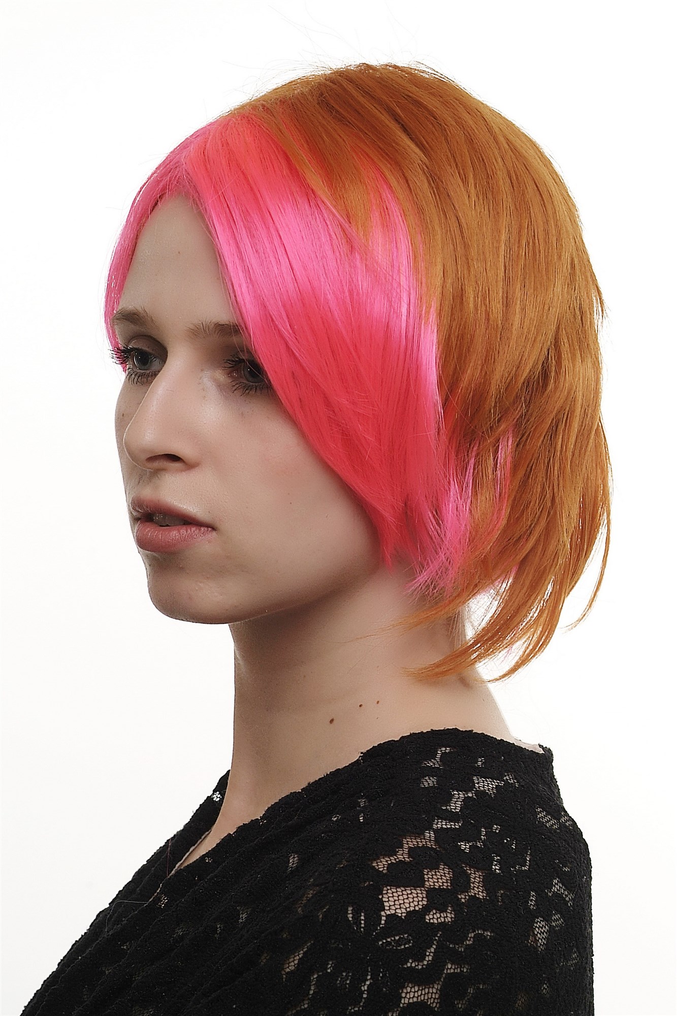 hochwertige Qualitätsperücken, Perücke asymmetrischer gemischtes Rot SA045 Punk Cosplay, Ansicht 3, WIG ME UP: Ihr Perücken Online Shop glatte Tressen-Perücke Rosa-Rot/Orange-Mix kurze Haare für Damen