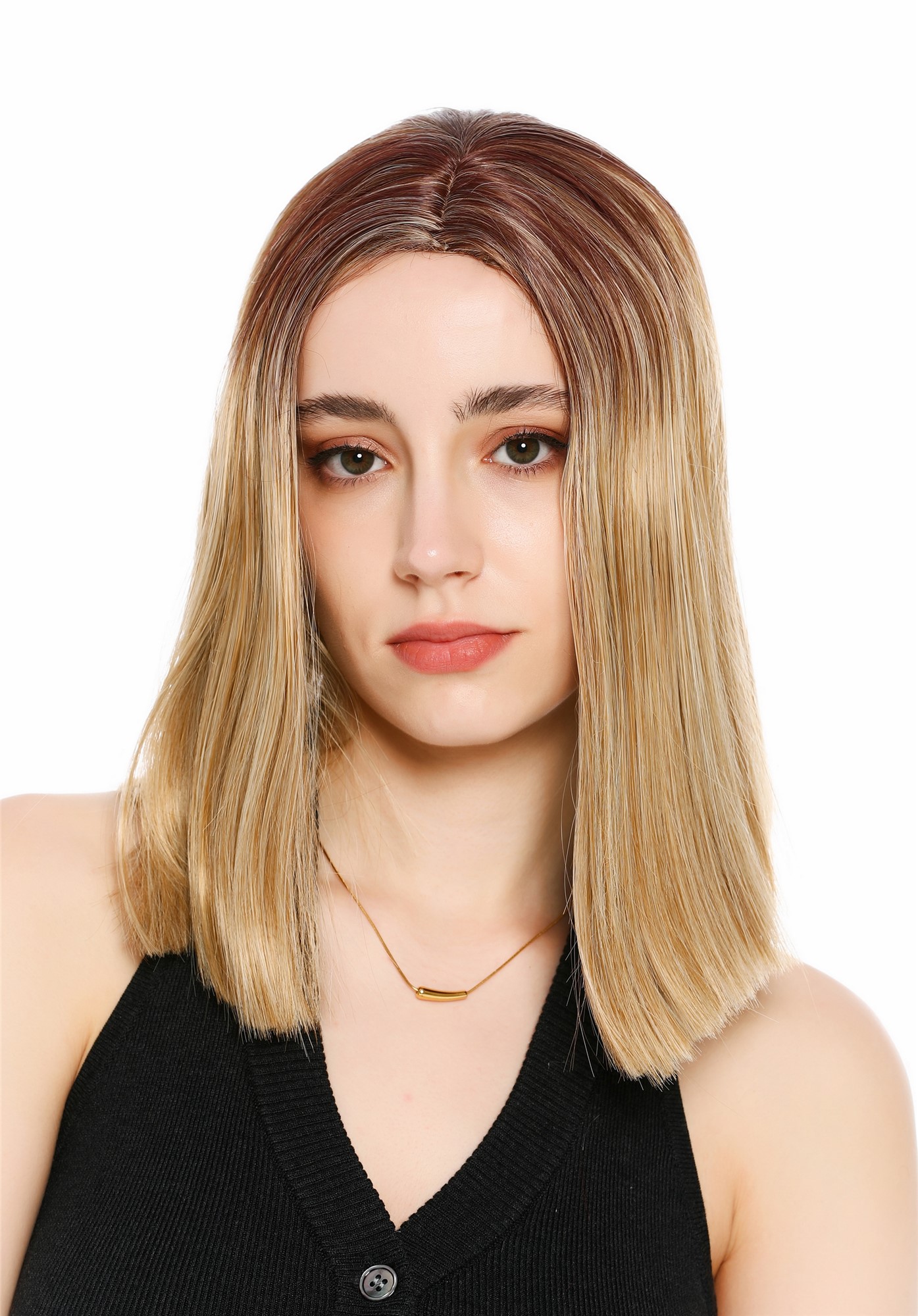 Perücke Damen schulterlang Longbob glatt Mittelscheitelt Ombre Balayage Highlights Rotbraun Blond GFW4029S-27/613+33