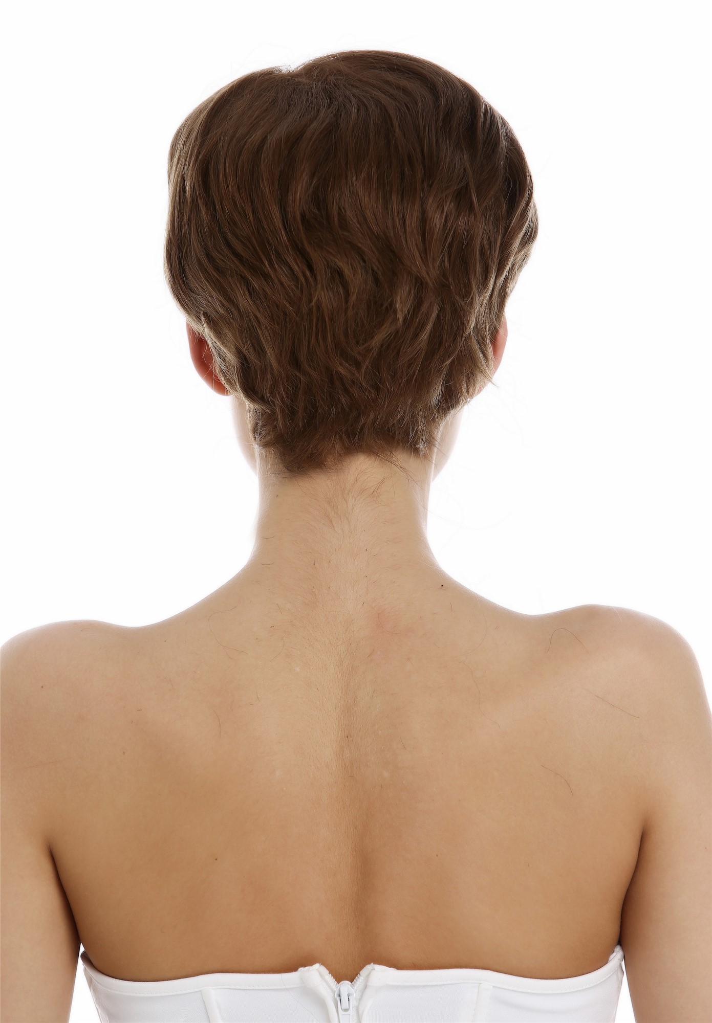 hochwertige Qualitätsperücken, Perücke Echthaar Damen Herren kurz Pixie wellig Scheitel braun DP-HH-10, Ansicht 6, WIG ME UP: Ihr Perücken Online Shop glatte Tressen-Perücke Mittel-Goldbraun kurze Haare für Damen