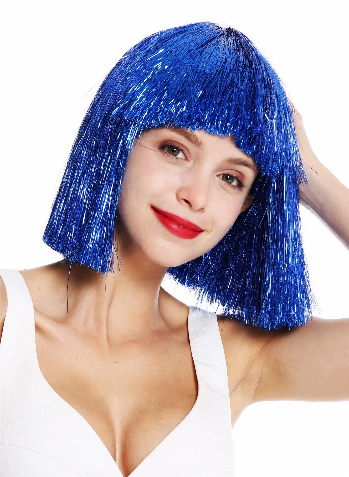 Women's wig sleek fringe bangs shoulder length blue tinsel glitter VK-42, view 2, WIG ME UP: Your Perücken Online Shop Quality Wigs, Ladies, neon blue, straight, shoulder-length