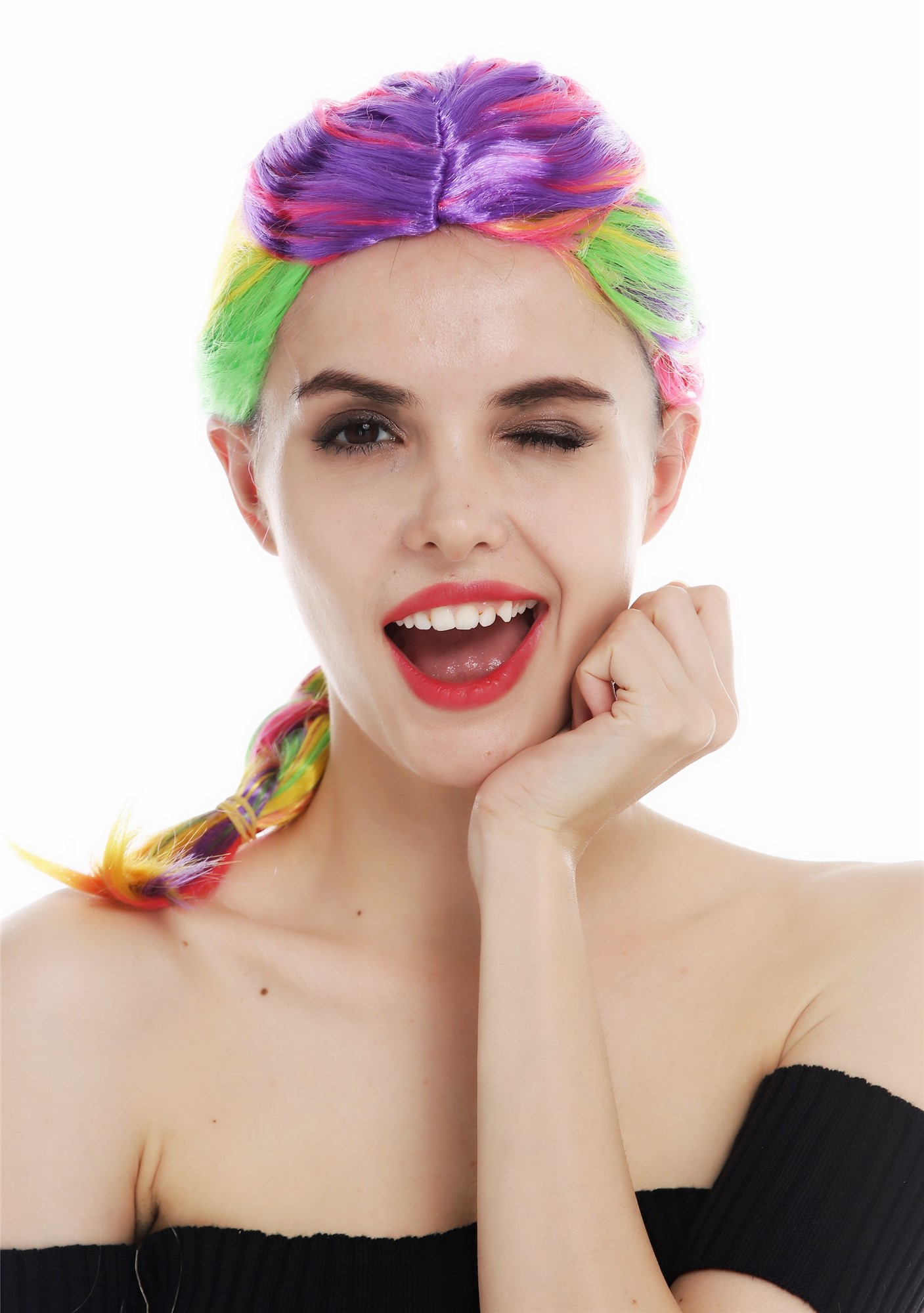 günstige Party Perücke, Perücke regenbogenfarben bunt Zopf geflochten lang 31946-FR-coloured, Ansicht 2, WIG ME UP: Ihr Perücken Online Shop geflochtene Party Perücke Lila,Rosa,Gelb,Grün schulterlange Haare für Damen