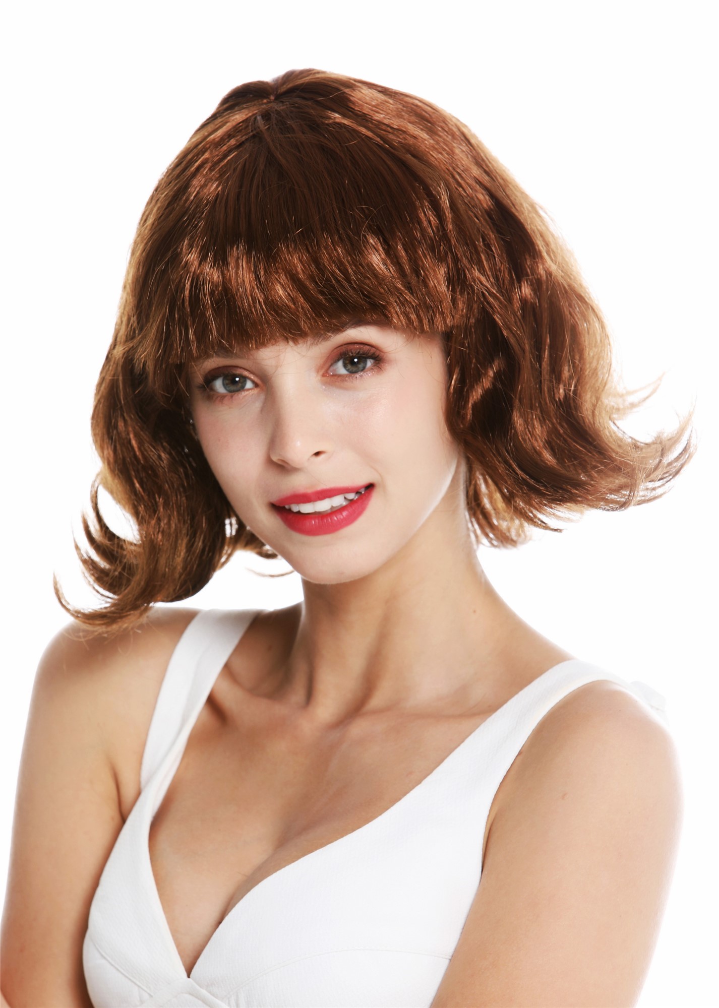 günstige Party Perücke, Perücke Longbob Kurz Braun Wellig 90793-ZA6A, Vorderansicht, WIG ME UP: Ihr Perücken Online Shop wellige Party Perücke Mittelbraun kurze Haare für Damen