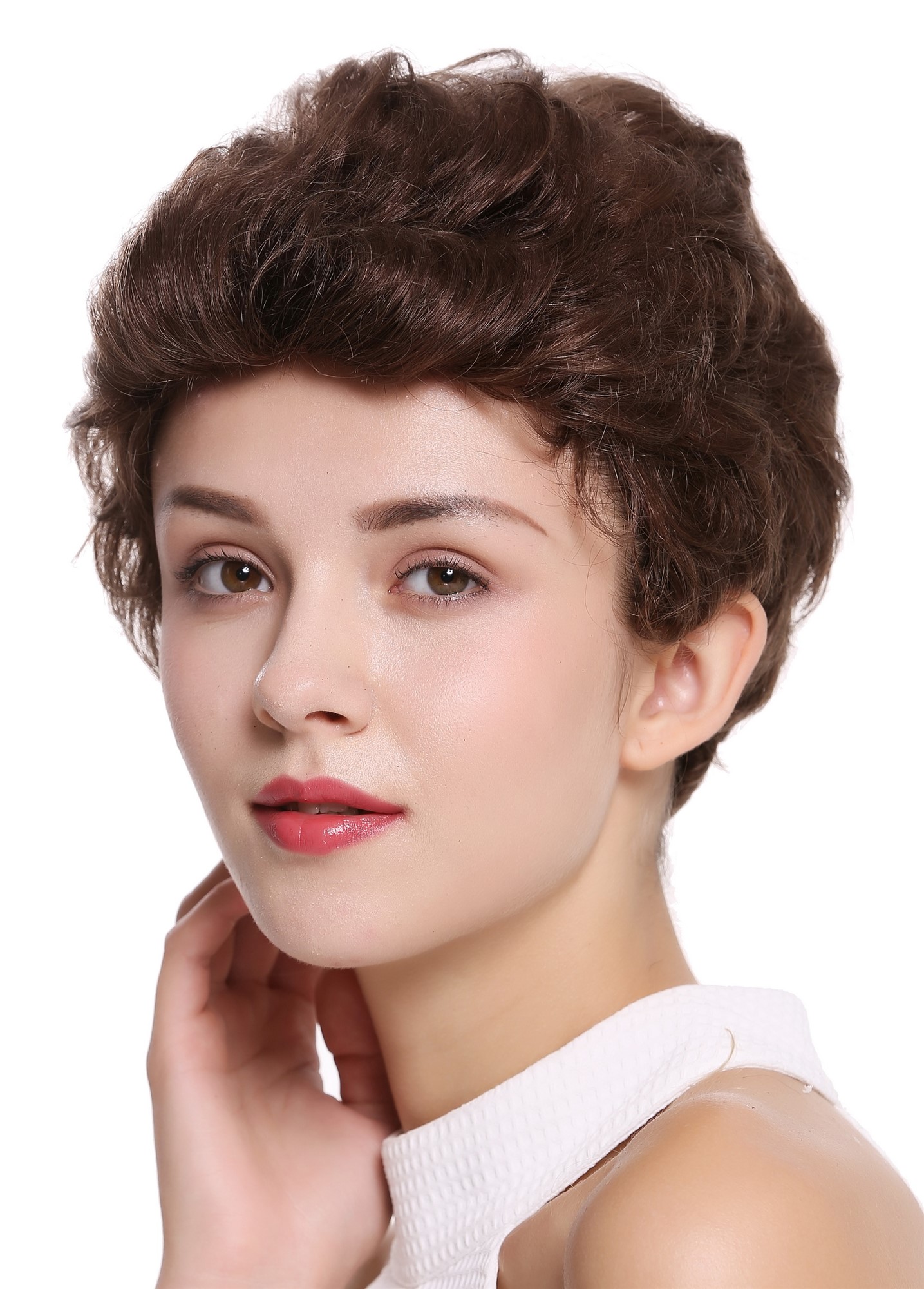 hochwertige Qualitätsperücken, Perücke Echthaar Herren Damen kurz Tolle Braun B-HH-12-8, Ansicht 3, WIG ME UP: Ihr Perücken Online Shop wellige Tressen-Perücke mit Klebeflächen 100% Echthaar Mittel-Aschbraun kurze Haare für Unisex