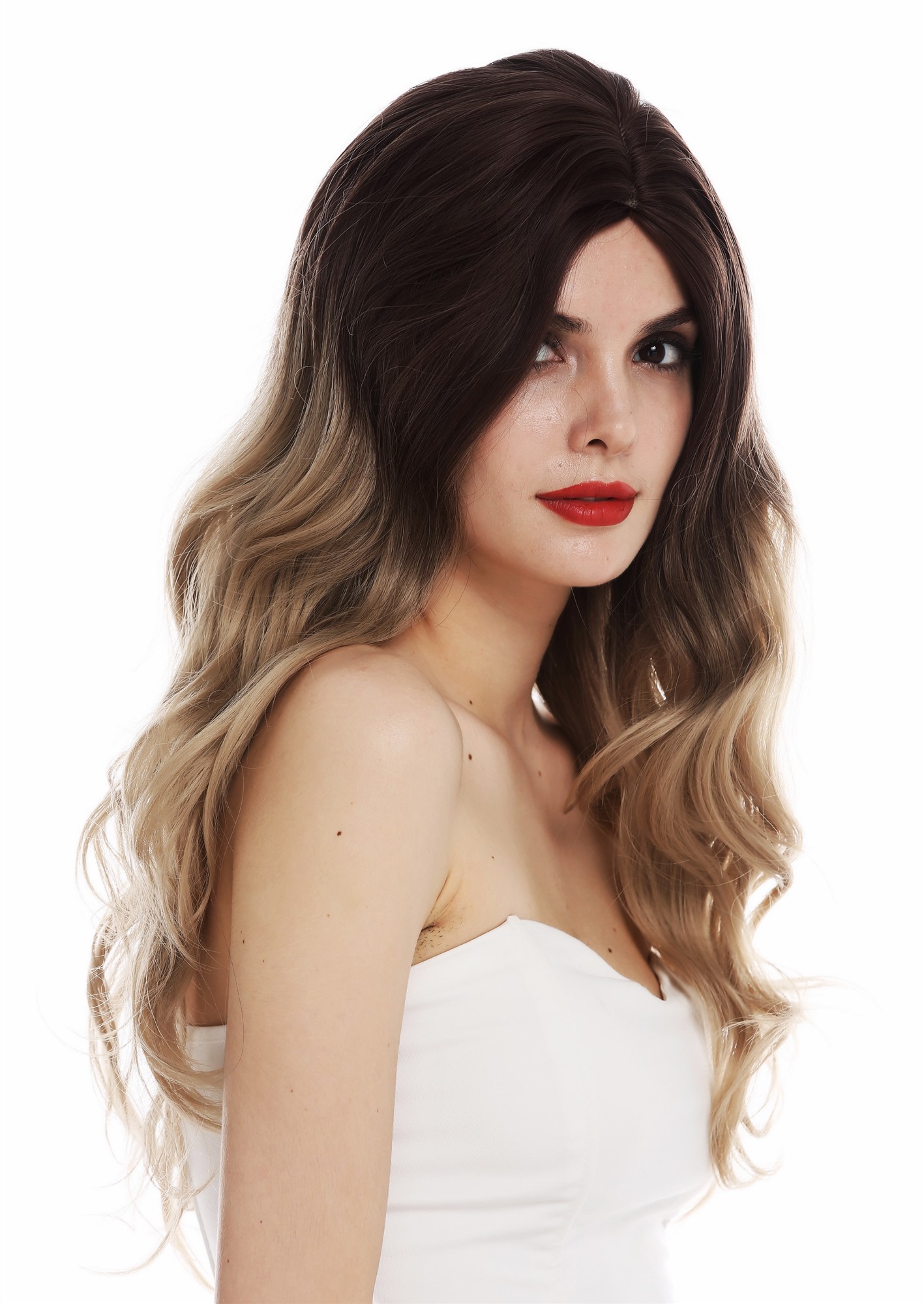 hochwertige Qualitätsperücken, Perücke Kopfhautimitat lang wellig Scheitel Ombre Braun Blond TYS-1208-6TT85, Ansicht 5, WIG ME UP: Ihr Perücken Online Shop wellige Tressen-Perücke mit Kopfhaut-Imitat Braun-Blond-Mix lange Haare für Damen