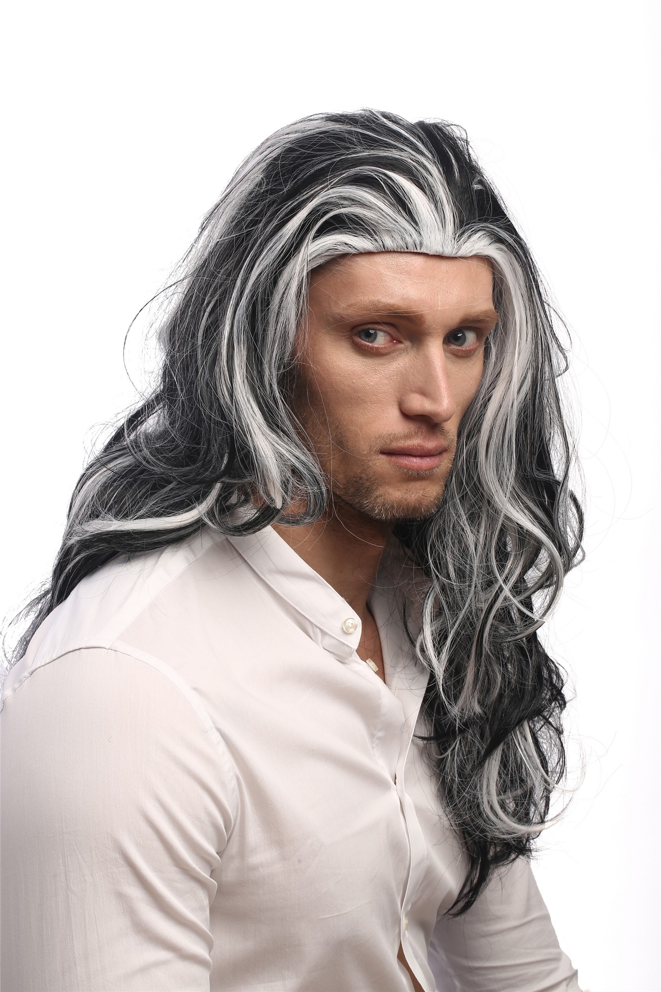 Lady Man Party Wig Halloween long wavy black grey white streaks strands 29938B, view 2, WIG ME UP: Your Perücken Online Shop Party Wig, Men, Black-and-white, wavy, long