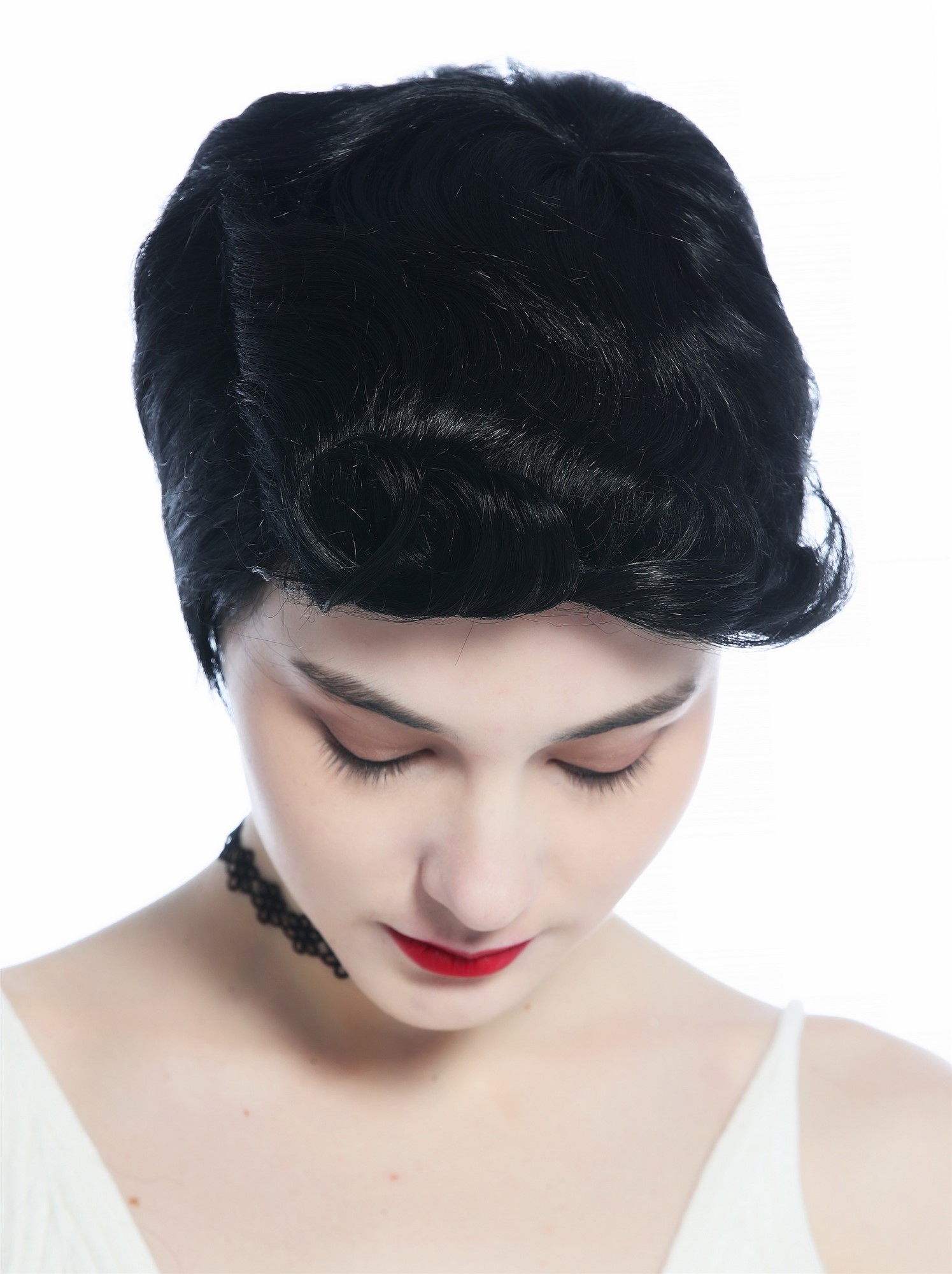 hochwertige Qualitätsperücken, Perücke unisex kurz glatt gelockte Tolle Schwarz DW3333-1, Ansicht 5, WIG ME UP: Ihr Perücken Online Shop lockige Tressen-Perücke Schwarz kurze Haare für Unisex