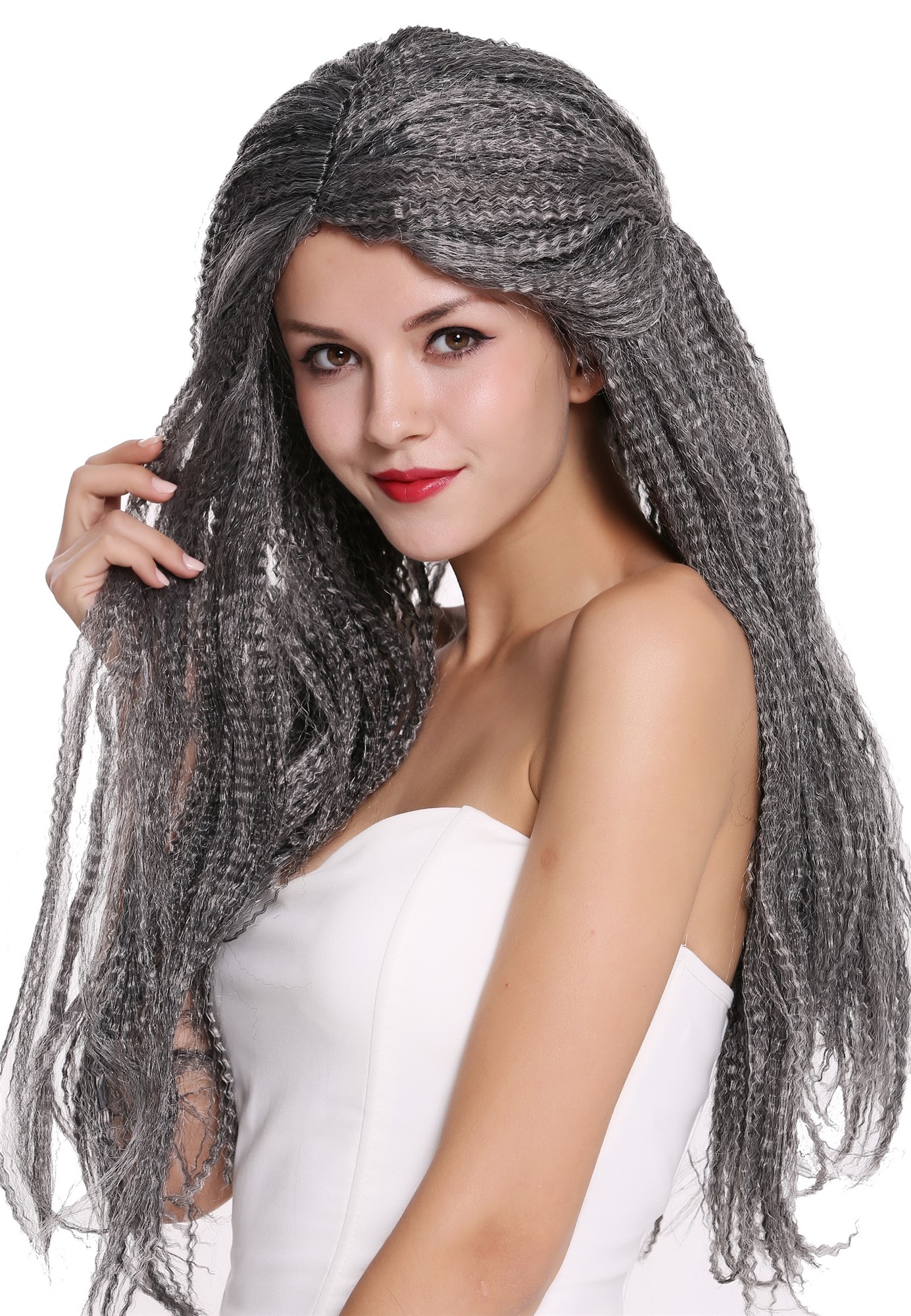 Wig Women Men Halloween long voluminous black grey mix kinked matted 09428, view 4, WIG ME UP: Your Perücken Online Shop Party Wig, Unisex, Grey, curled, long