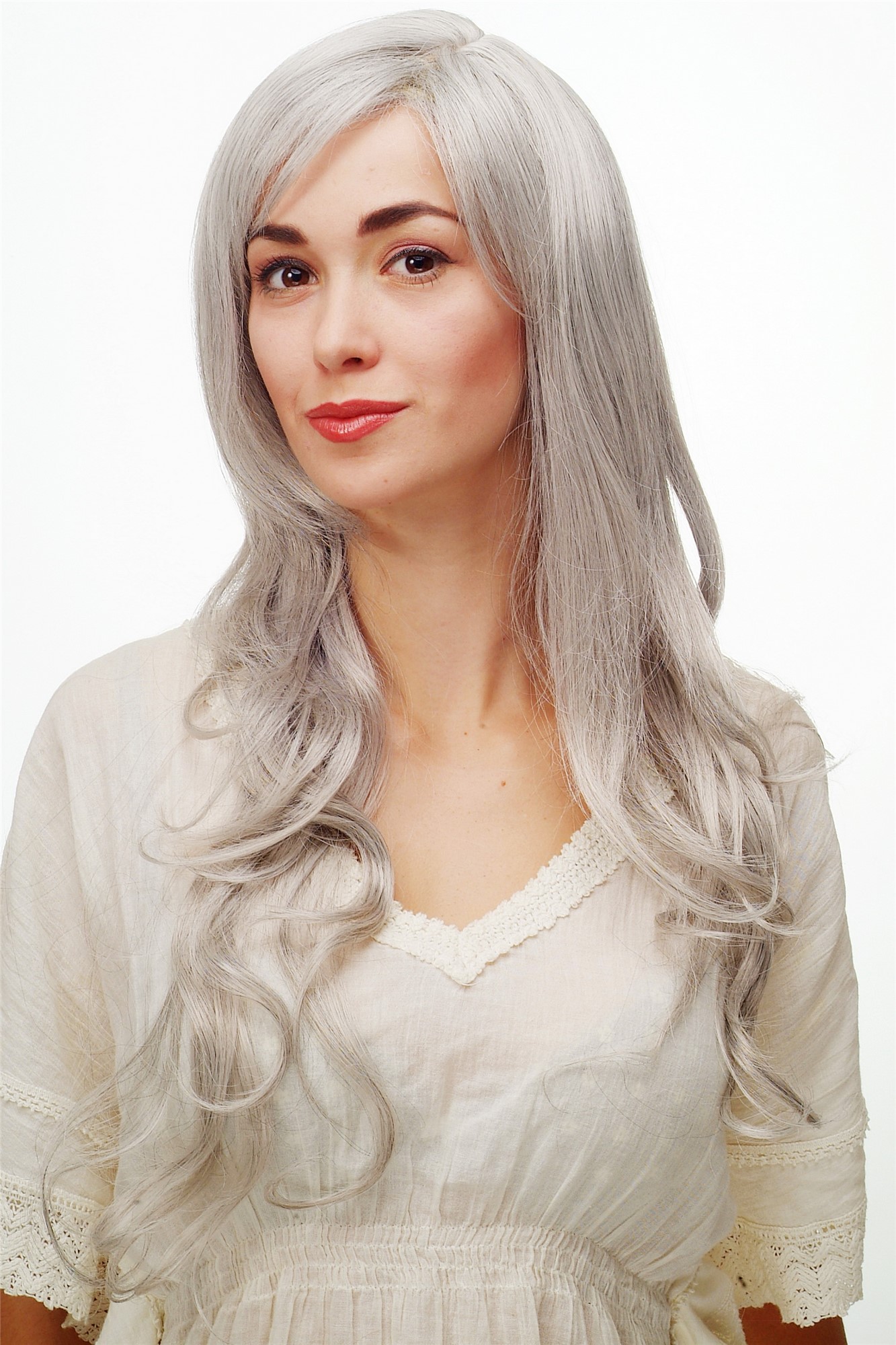 hochwertige Qualitätsperücken, Perücke lang wallendes Haar wellig leicht lockig Weiß-Grau-Mix 9204S-51, Ansicht 5, WIG ME UP: Ihr Perücken Online Shop lockige Tressen-Perücke mit Kopfhaut-Imitat Weiß-Grau-Mix lange Haare für Damen