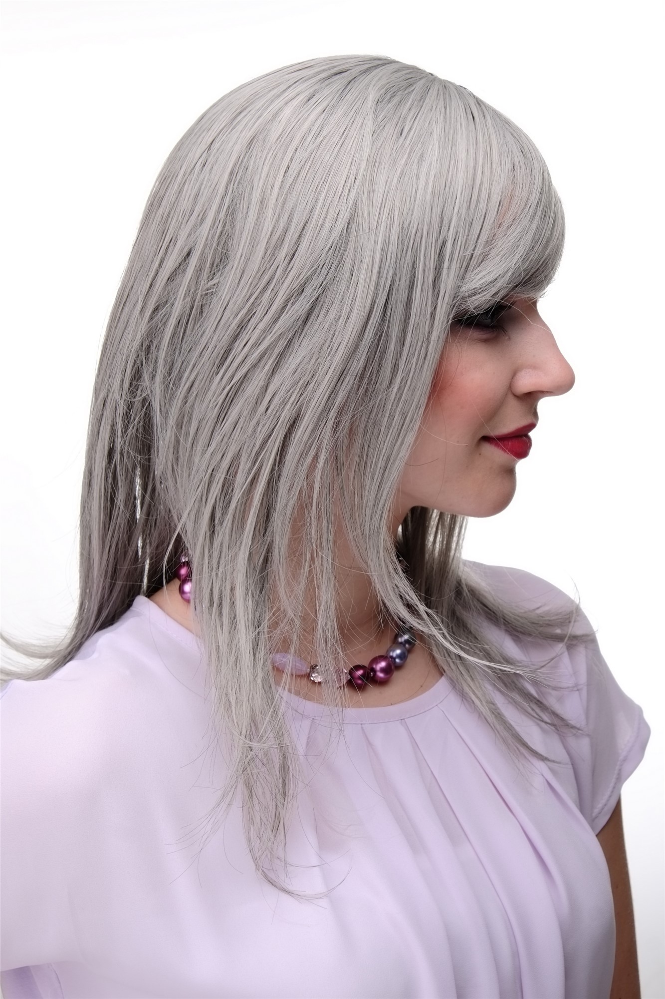 hochwertige Qualitätsperücken, Halblange Perücke glatt gestuftes Haar leichter Wetlook Grau 4038-51, Ansicht 3, WIG ME UP: Ihr Perücken Online Shop glatte Tressen-Perücke mit Kopfhaut-Imitat Grau lange Haare für Damen