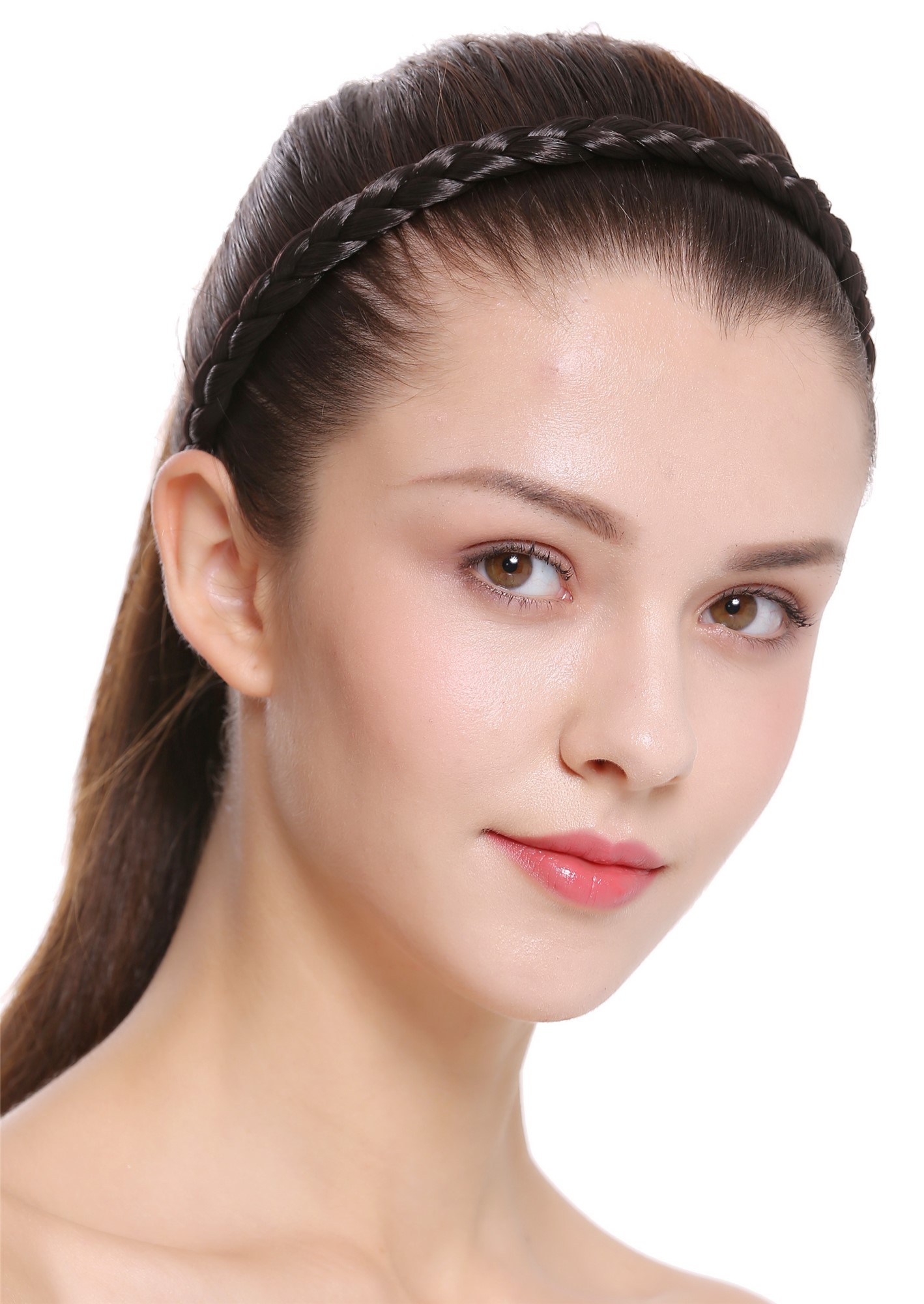 Schmales Haarband geflochten Breite: 1 cm Dunkelbraun CXT-008-003, Vorderansicht, WIG ME UP: Ihr Perücken Online Shop Haarreifen geflochten Dunkelbraun 42 cm