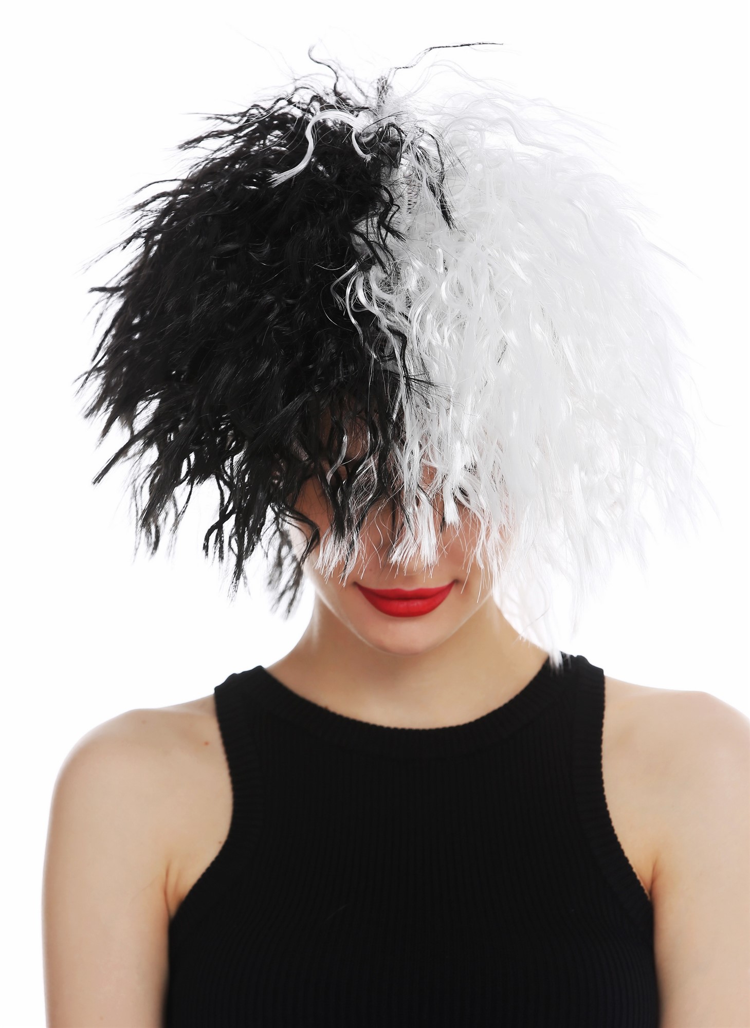 günstige Party Perücke, Perücke voluminös wild wellig Schwarz Weiß Hälften 30720-P103-68, Ansicht 5, WIG ME UP: Ihr Perücken Online Shop wellige Party Perücke Tiefschwarz-Weiß-Mix schulterlange Haare Unisex