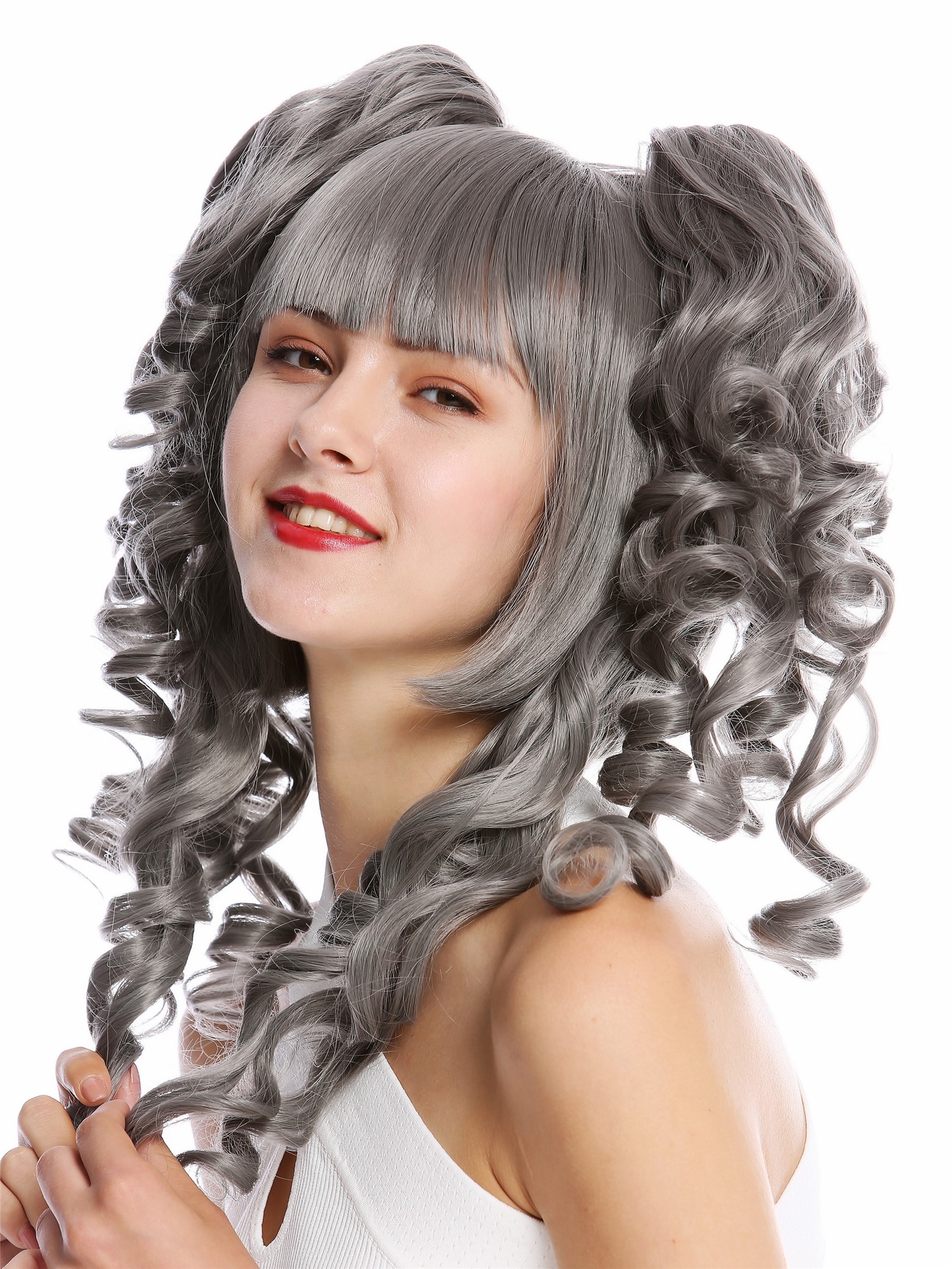 Lady Cosplay Wig bob + 2 ponytails curled bangs ringlets grey gray YZF-7080+A, view 3, WIG ME UP: Your Perücken Online Shop Quality Wigs, Ladies, dark gray, curled, shoulder-length