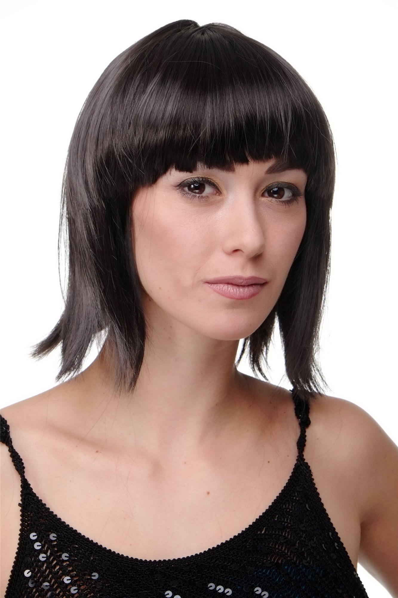 günstige Party Perücke, Sexy Party Perücke Bob Disco Go-Go Burlesque dunkelbraun PW0114-P2, Vorderansicht, WIG ME UP: Ihr Perücken Online Shop glatte Party Perücke Dunkelbraun kurze Haare für Damen