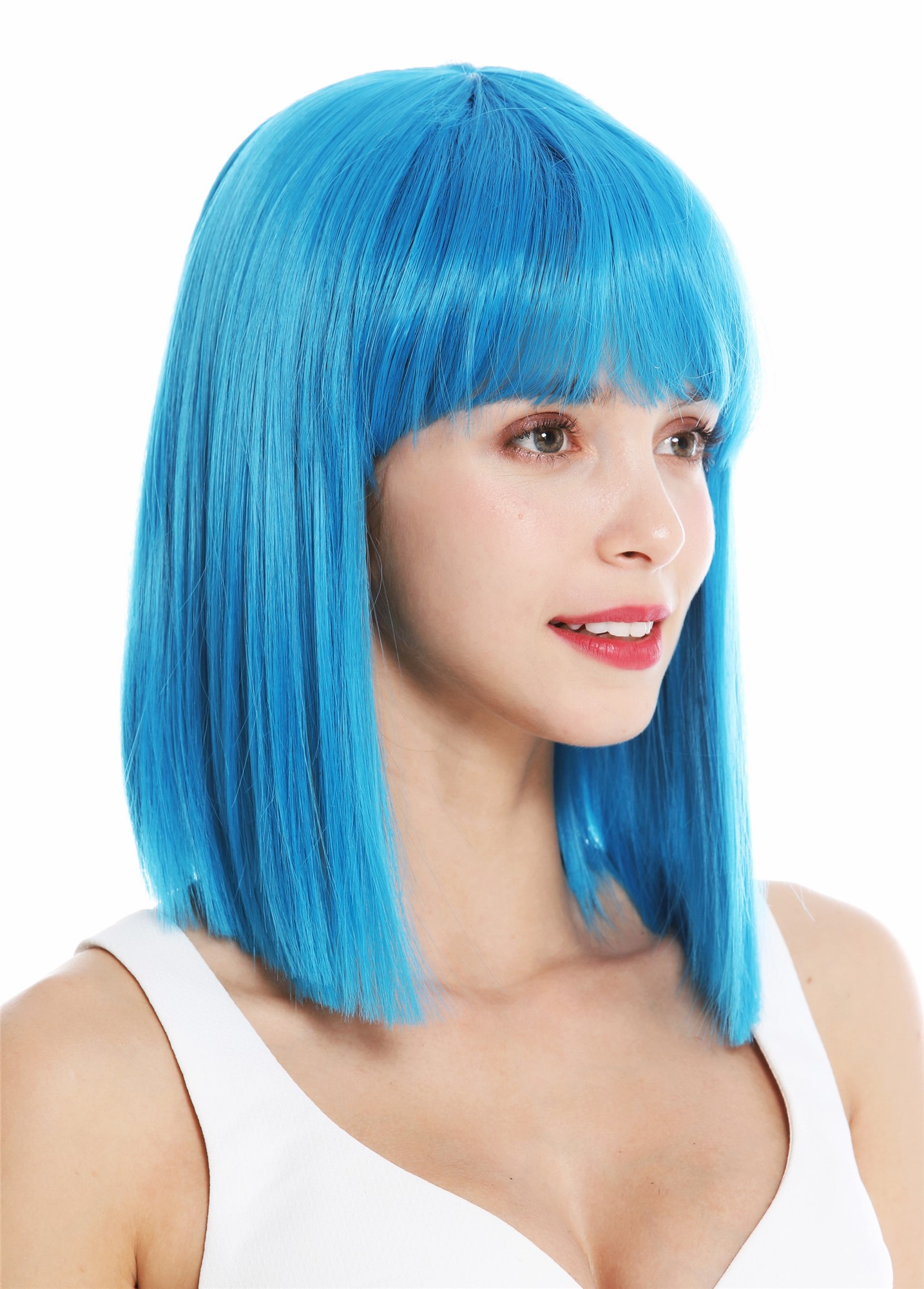 Women's wig short shoulder length sleek Cleopatra fringe light blue VK-10, front view, WIG ME UP: Your Perücken Online Shop Quality Wigs, Ladies, neon blue, straight, shoulder-length