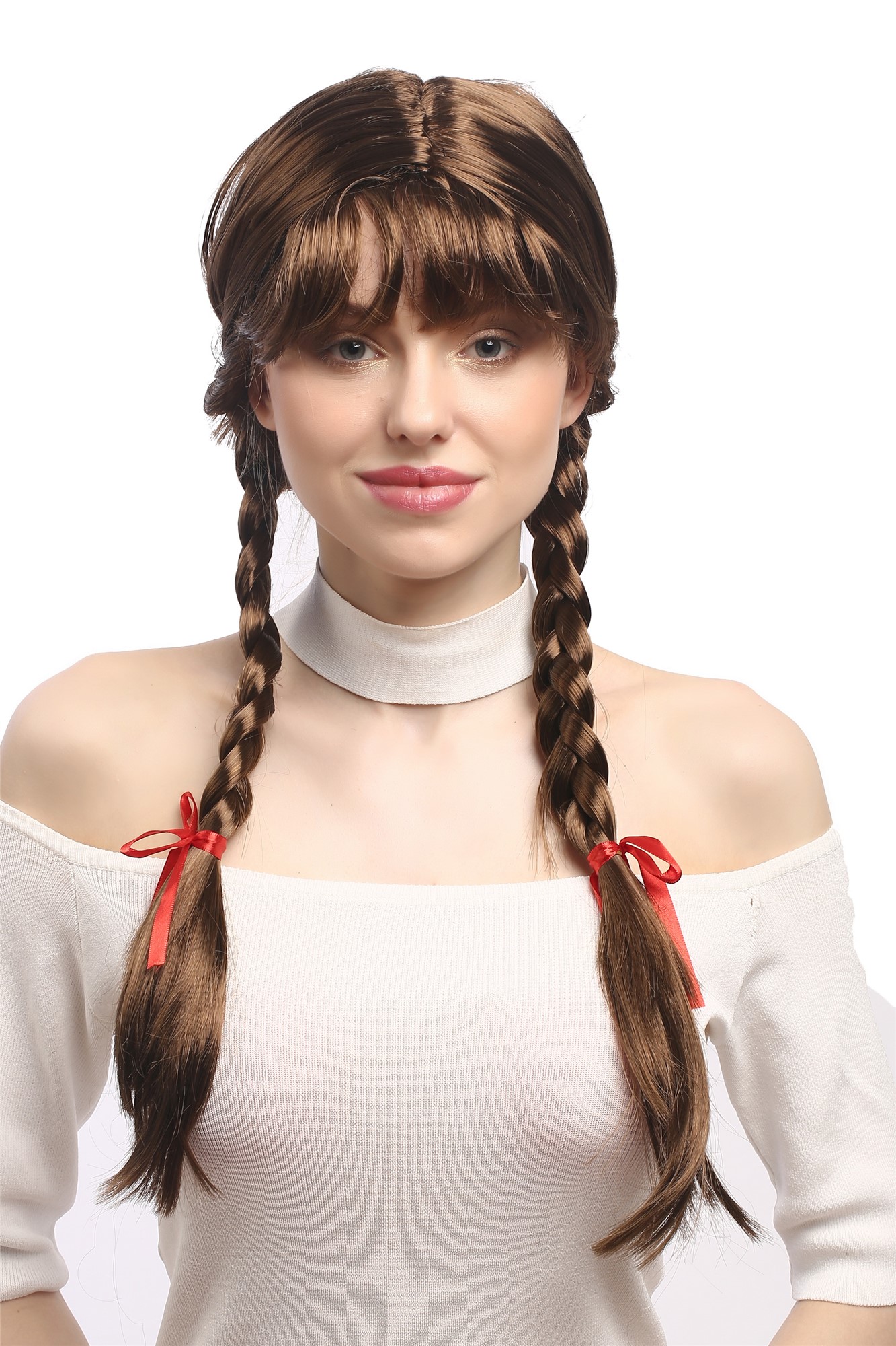 Lady Wig Halloween Lolita schoolgirl long braided plaits fringe brown XR-008, view 2, WIG ME UP: Your Perücken Online Shop Party Wig, Ladies, medium brown, Braided, long