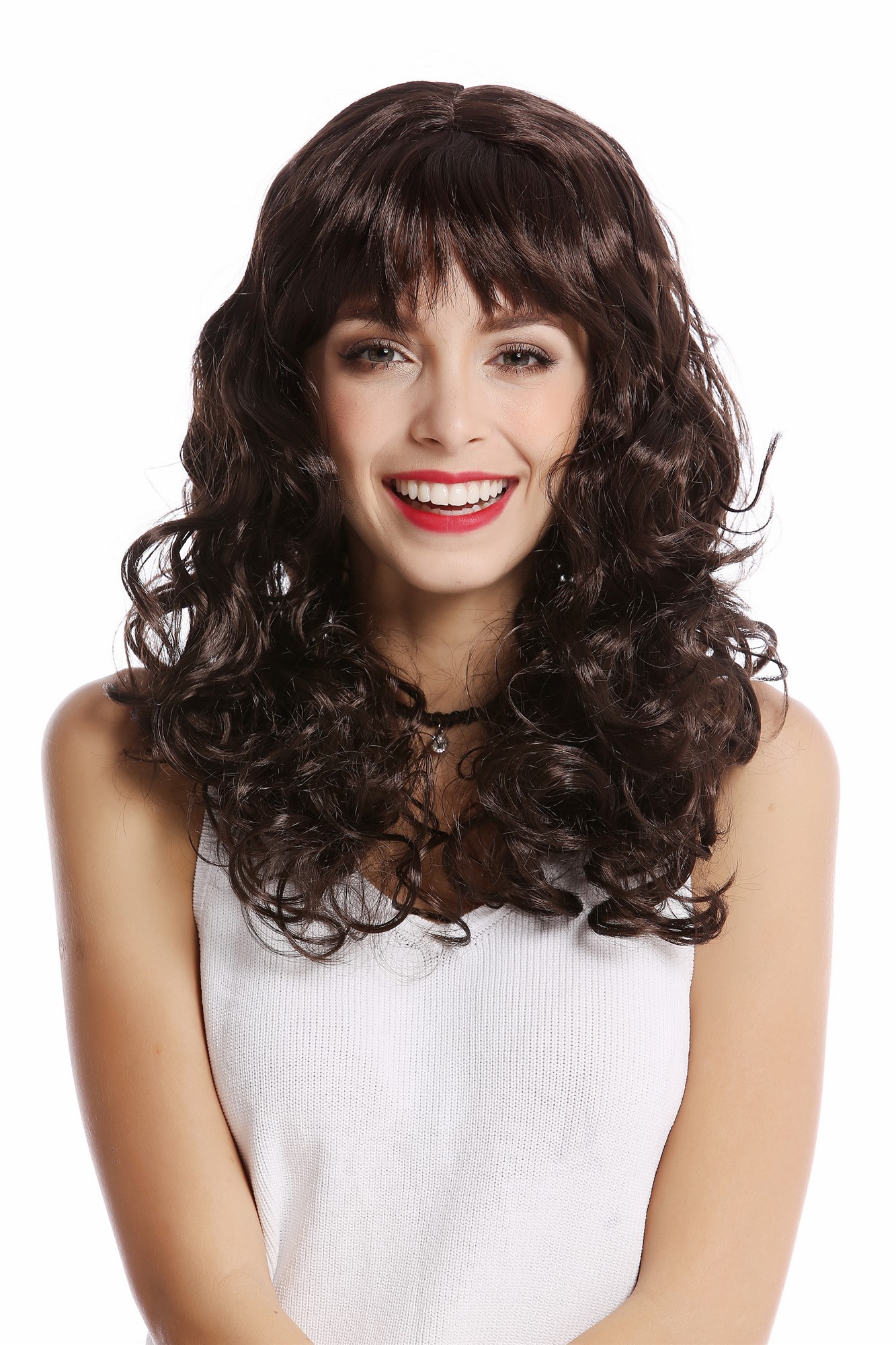 günstige Party Perücke, Perücke Locken Pony Volumen Dunkelbraun XH-083-ZA2, Vorderansicht, WIG ME UP: Ihr Perücken Online Shop lockige Party Perücke Braun lange Haare für Damen