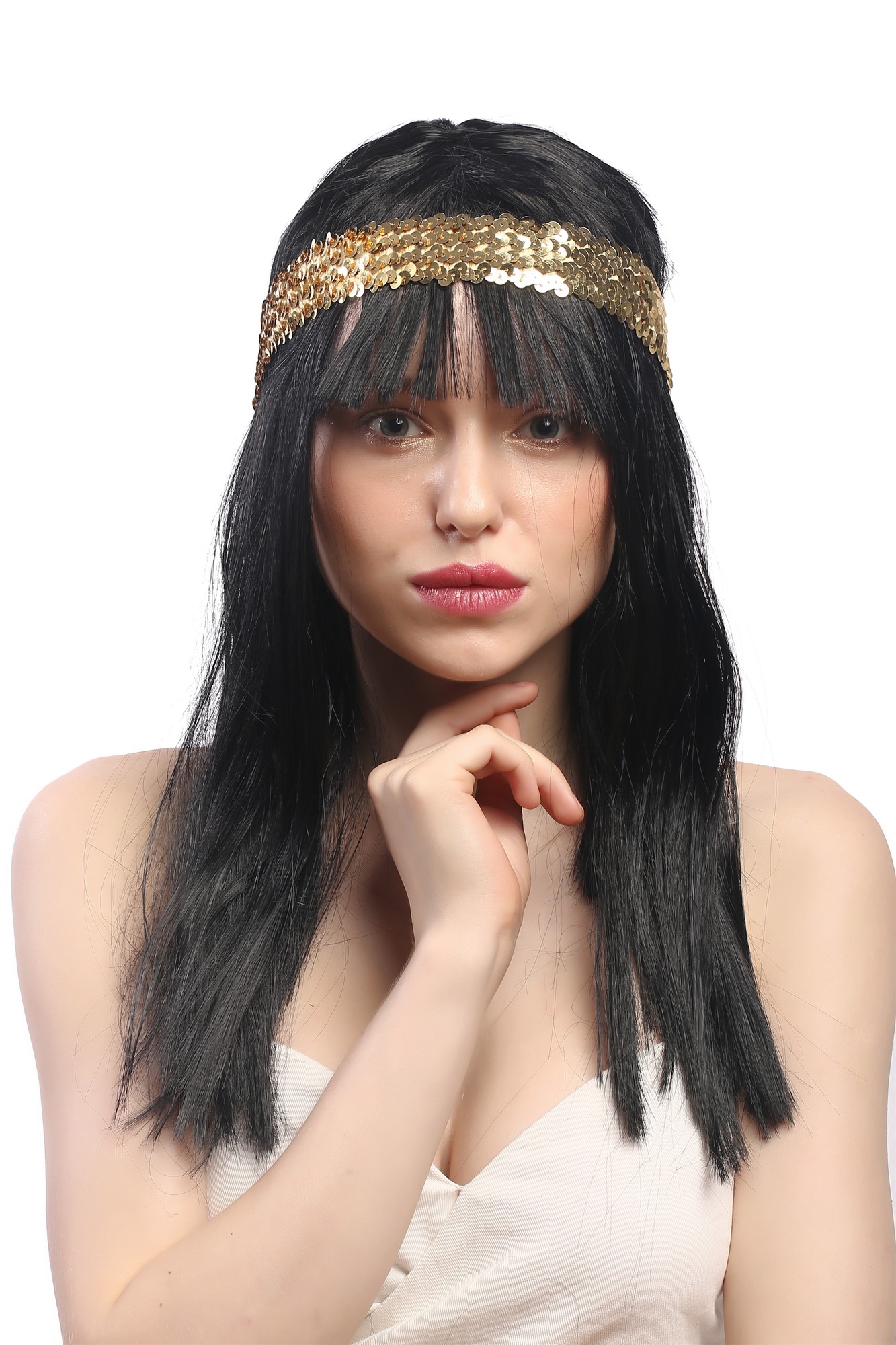 Lady Party Wig Fancy Dress long black straight bangs 70s Disco Cleopatra Odalisque golden headband, view 3, WIG ME UP: Your Perücken Online Shop Party Wig, Ladies, Black, straight, long