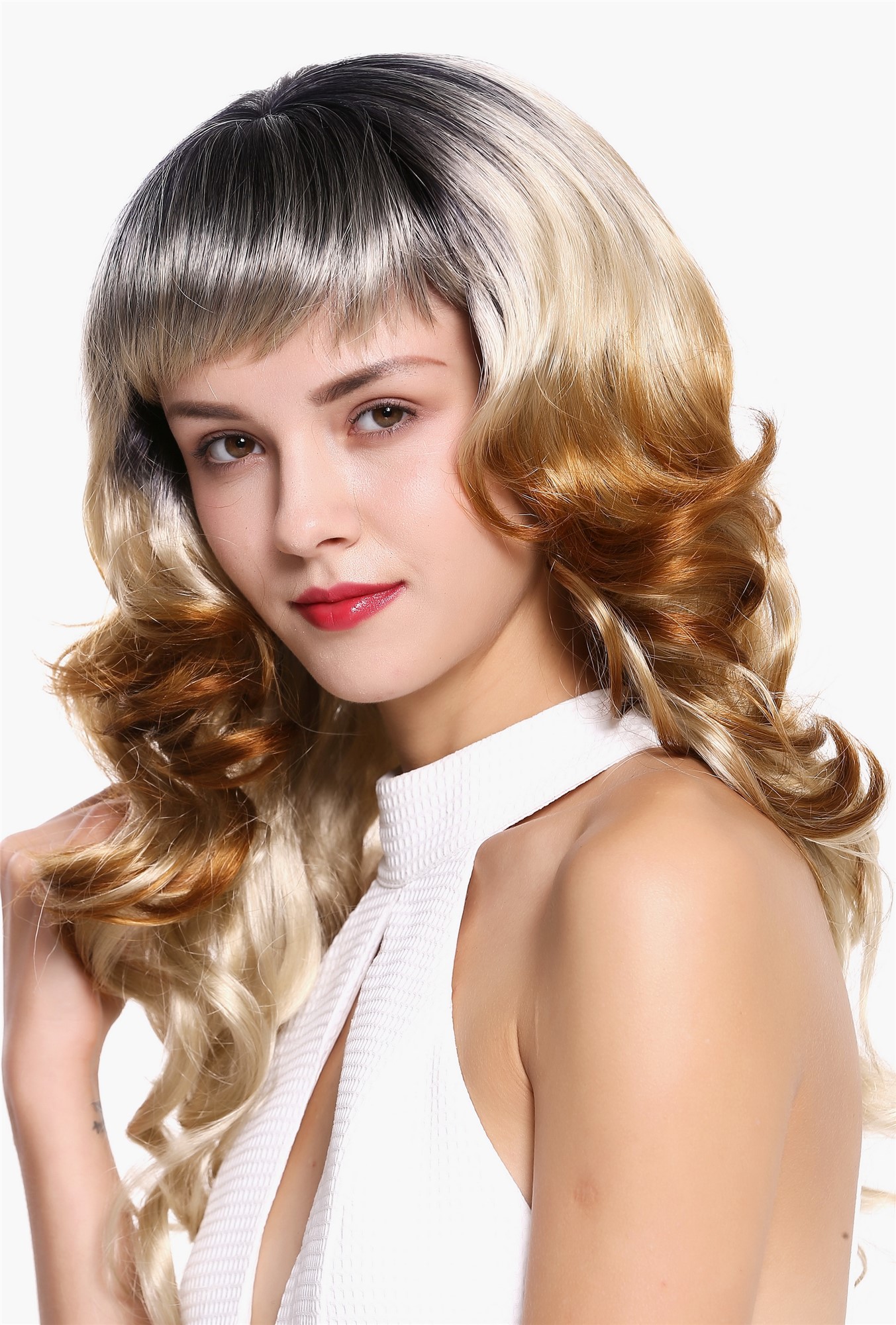 hochwertige Qualitätsperücken, Perücke Lang Locken Pony Ombre Blond 1002A-Y24SP613Y1BY27, Ansicht 3, WIG ME UP: Ihr Perücken Online Shop lockige Tressen-Perücke mit Kopfhaut-Imitat Schwarz-Aschblond-Erdbeerblond lange Haare für Damen