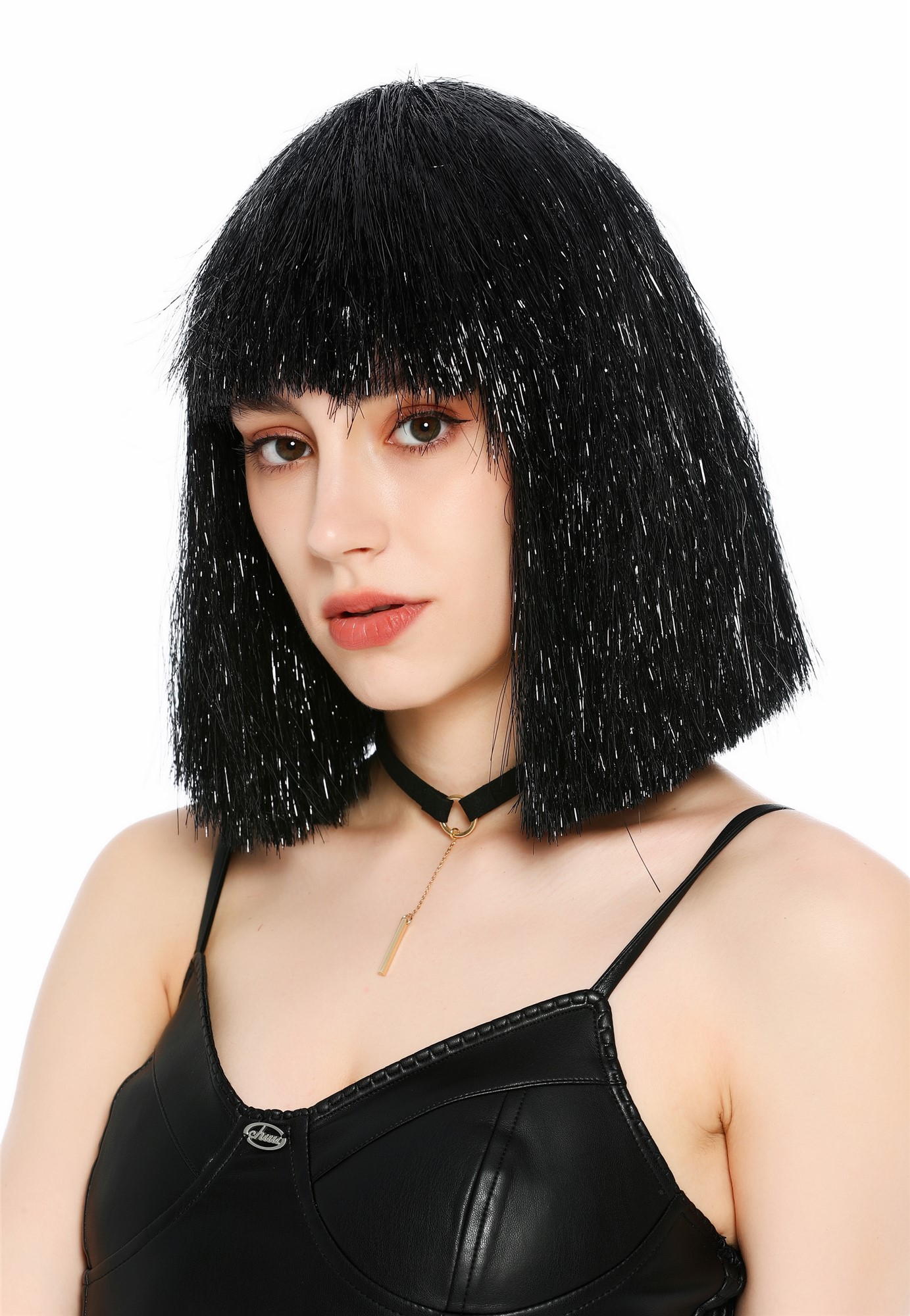 Perücke Damen Glitzer Lametta Tinsel Look Longbob Pony Disco Glam Schwarz VK-42-TN18