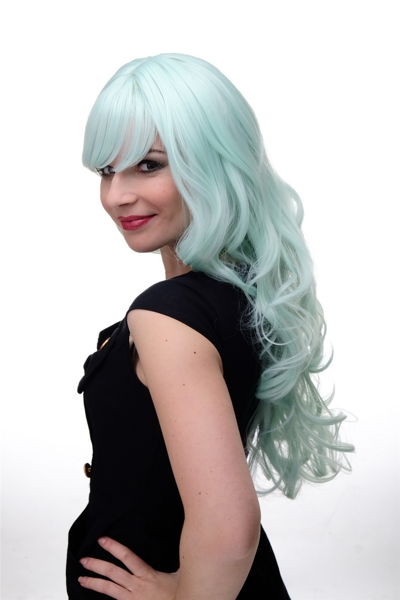 hochwertige Qualitätsperücken, Lange Damen Perücke mit großen kräftigen Locken Pony Grün Hellgrün 285-T5507, Ansicht 5, WIG ME UP: Ihr Perücken Online Shop lockige Tressen-Perücke mit Kopfhaut-Imitat Hellgrün lange Haare für Damen