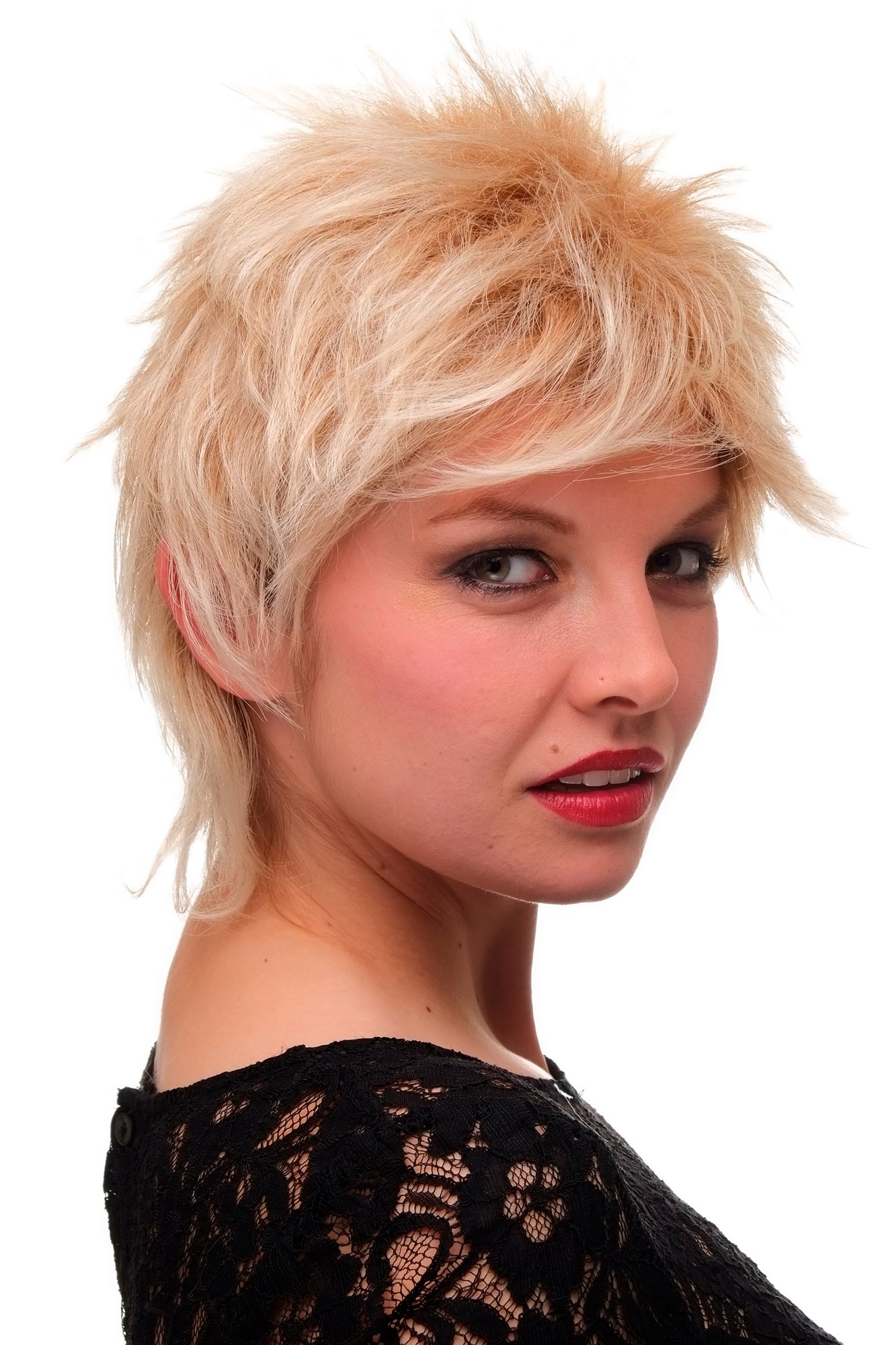 hochwertige Qualitätsperücken, 80er Jahre Look Damen Perücke Kurzhaarschnitt blond 26155-27T88, Vorderansicht, WIG ME UP: Ihr Perücken Online Shop wellige Tressen-Perücke mit Kopfhaut-Imitat Blond kurze Haare für Damen