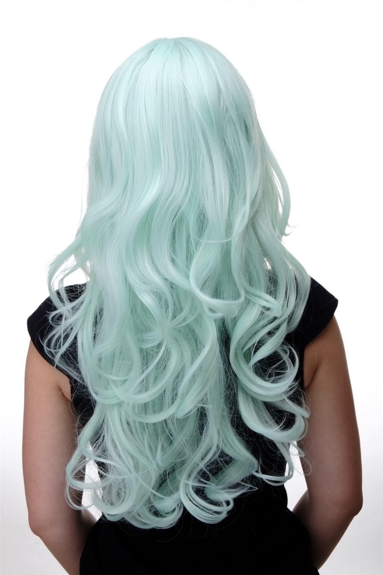 hochwertige Qualitätsperücken, Lange Damen Perücke mit großen kräftigen Locken Pony Grün Hellgrün 285-T5507, Ansicht 4, WIG ME UP: Ihr Perücken Online Shop lockige Tressen-Perücke mit Kopfhaut-Imitat Hellgrün lange Haare für Damen