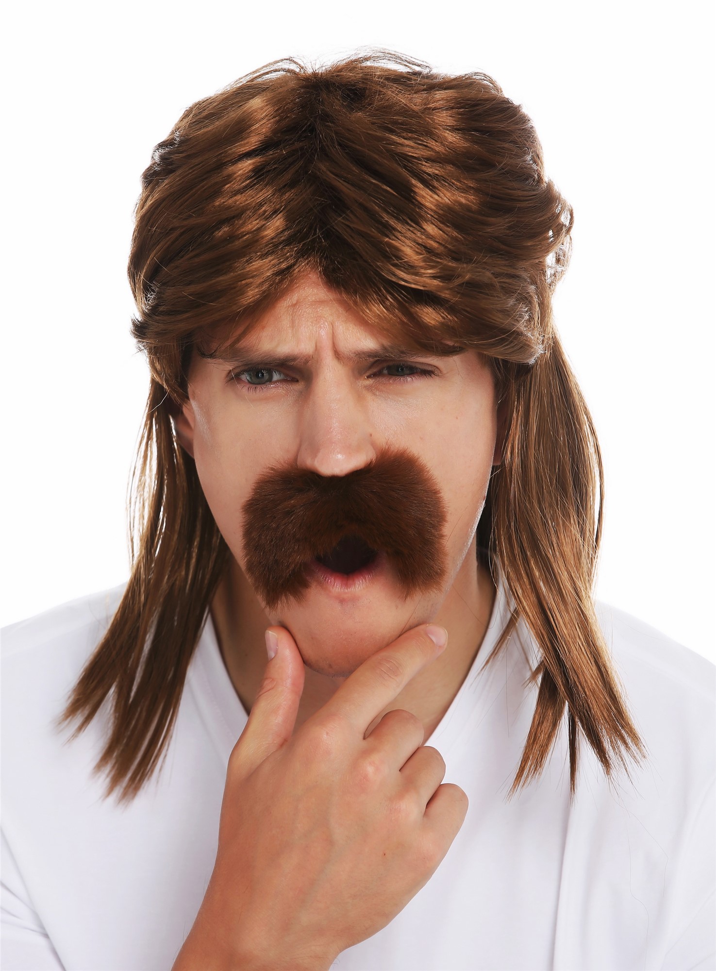 günstige Party Perücke, Perücke Bart Vokuhila Proll 80er Braun SARL062-P6, Ansicht 2, WIG ME UP: Ihr Perücken Online Shop glatte Party Perücke Goldbraun schulterlange Haare für Herren
