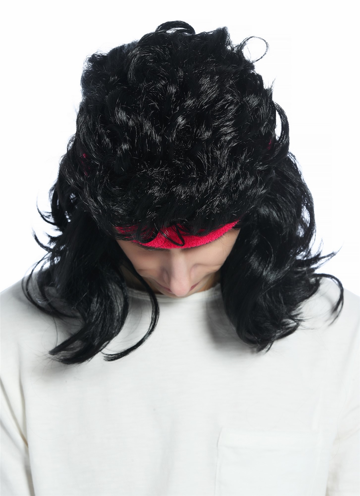 günstige Party Perücke, Perücke Stirnband 80s 80er Vokuhila Action Star Proll schwarz CW-028A-P103, Ansicht 4, WIG ME UP: Ihr Perücken Online Shop wellige Party Perücke Schwarz schulterlange Haare Unisex