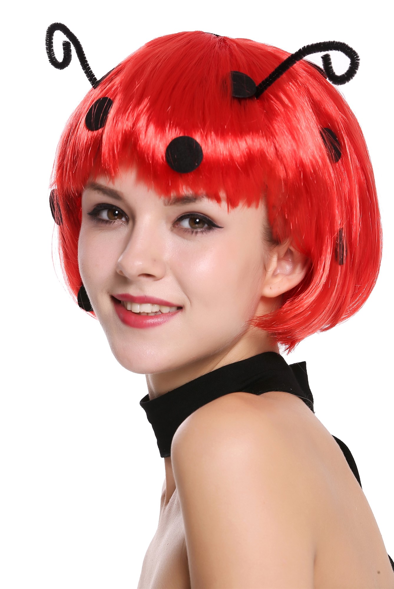 günstige Party Perücke, Perücke Marienkäfer rot schwarz Punkte 91574-ZA13, Ansicht 3, WIG ME UP: Ihr Perücken Online Shop glatte Party Perücke Rot kurze Haare für Damen