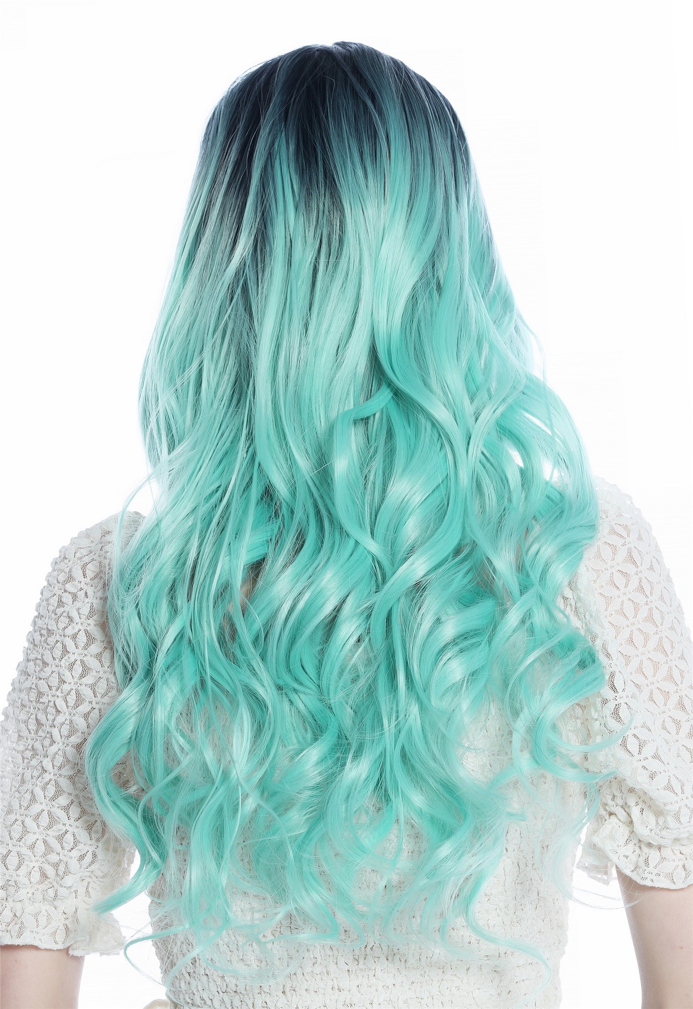 hochwertige Qualitätsperücken, Perücke lang Mittelscheitel gelockt Locken Ombre Schwarz Mintgrün SZL0829-T-006, Ansicht 5, WIG ME UP: Ihr Perücken Online Shop lockige Tressen-Perücke mit Kopfhaut-Imitat Blauschwarz-Mintgrün-Verlauf lange Haare für Damen