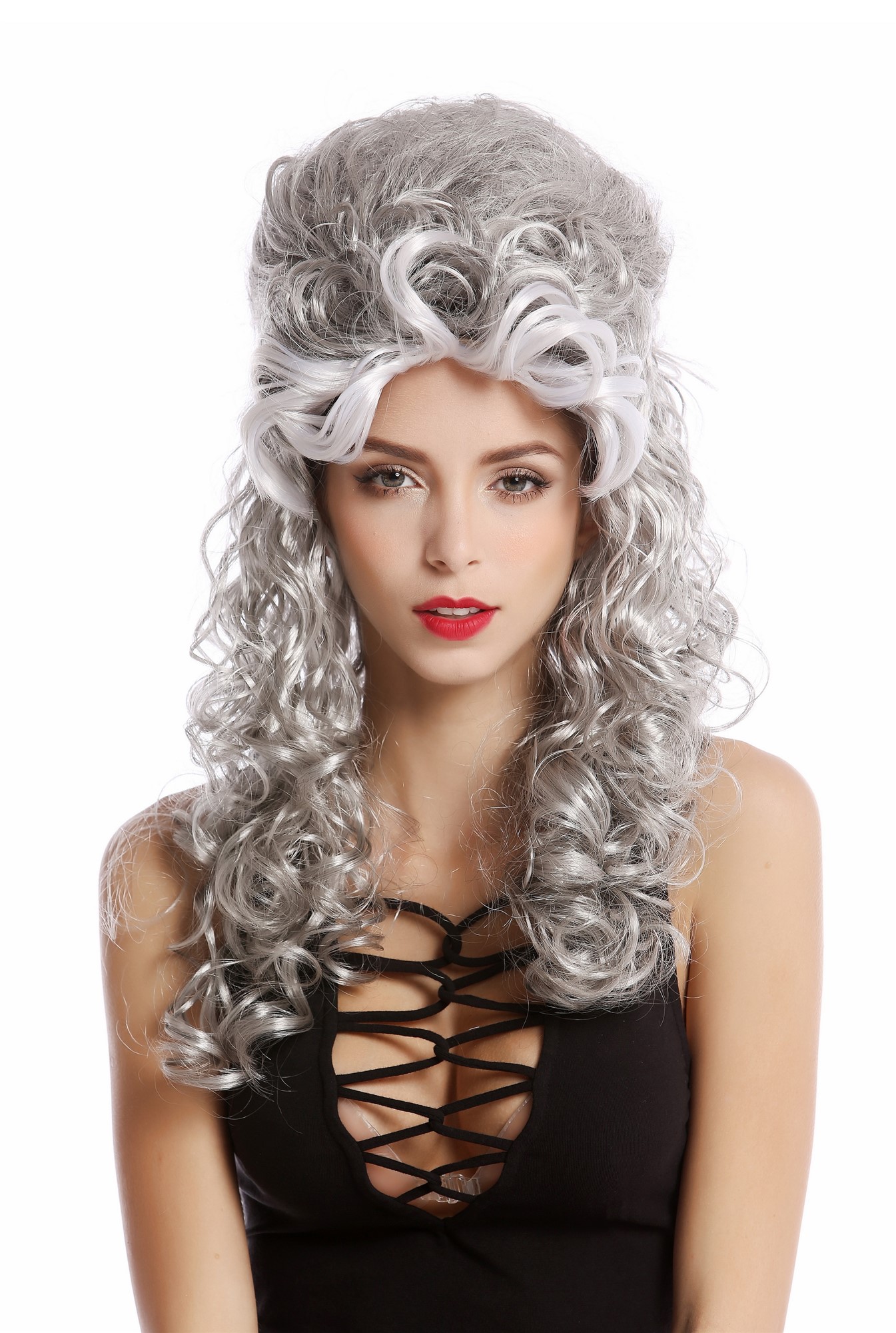 Wig Ladies Women Cosplay Baroque Renaissance Beehive long curls black silvery grey white streaks, front view, WIG ME UP: Your Perücken Online Shop Party Wig, Ladies, Grey, curled, long