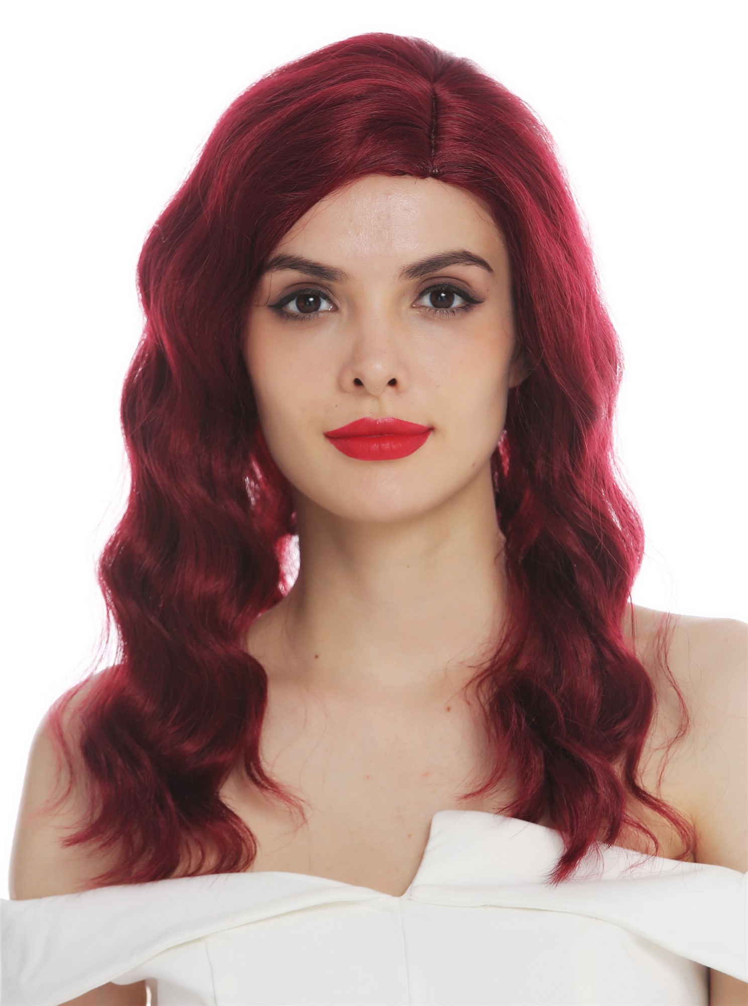 Lady wig long parting wavy waved classy 1930's Hollywood diva garnet red VK-58, front view, WIG ME UP: Your Perücken Online Shop Quality Wigs, Ladies, garnet red, wavy, shoulder-length