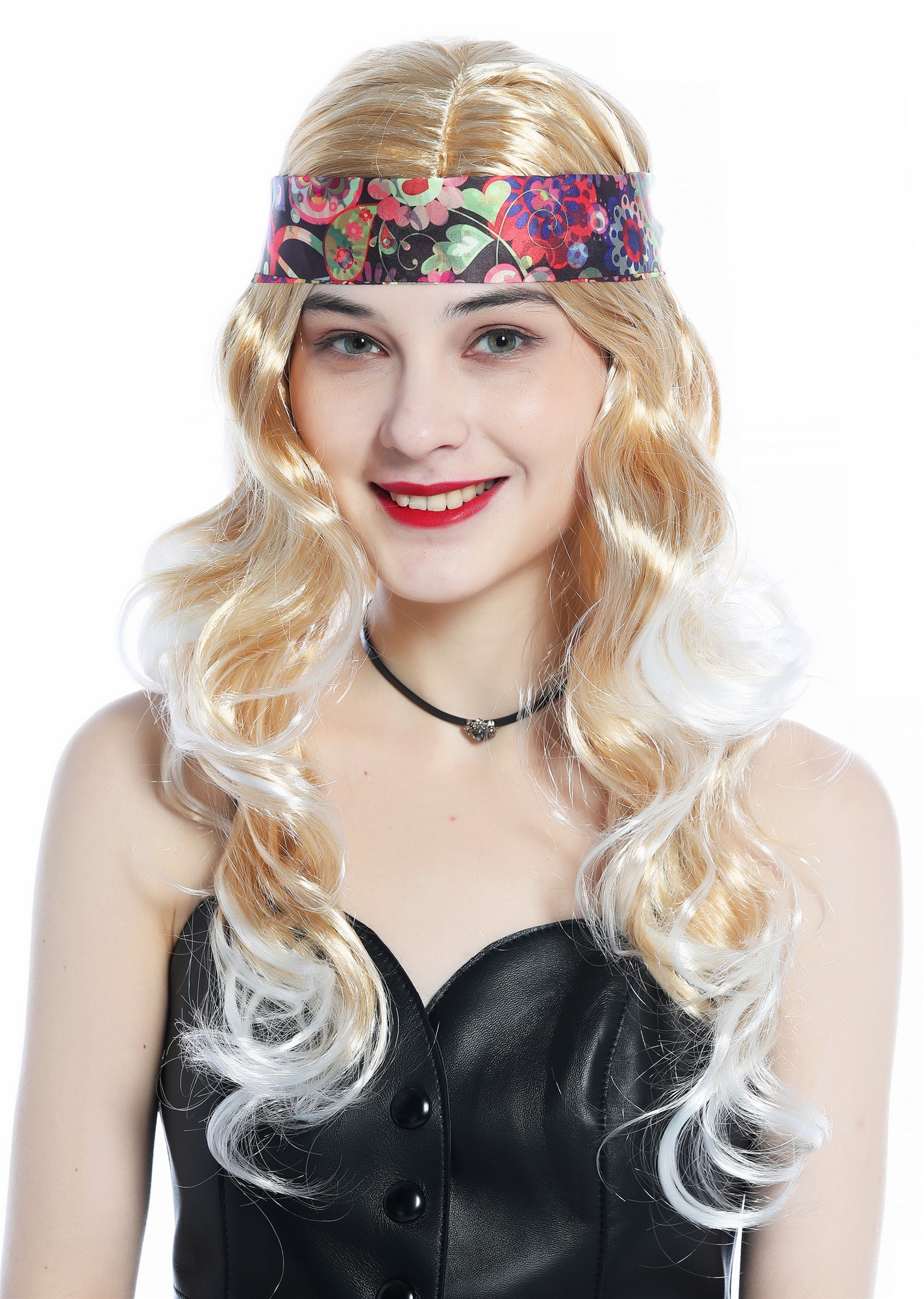 günstige Party Perücke, Perücke Stirnband lang blond platinblond gesträhnt Hippie 70er CW-029-P27TP60, Ansicht 5, WIG ME UP: Ihr Perücken Online Shop wellige Party Perücke Goldblond mit weißblonde spitzen lange Haare für Damen