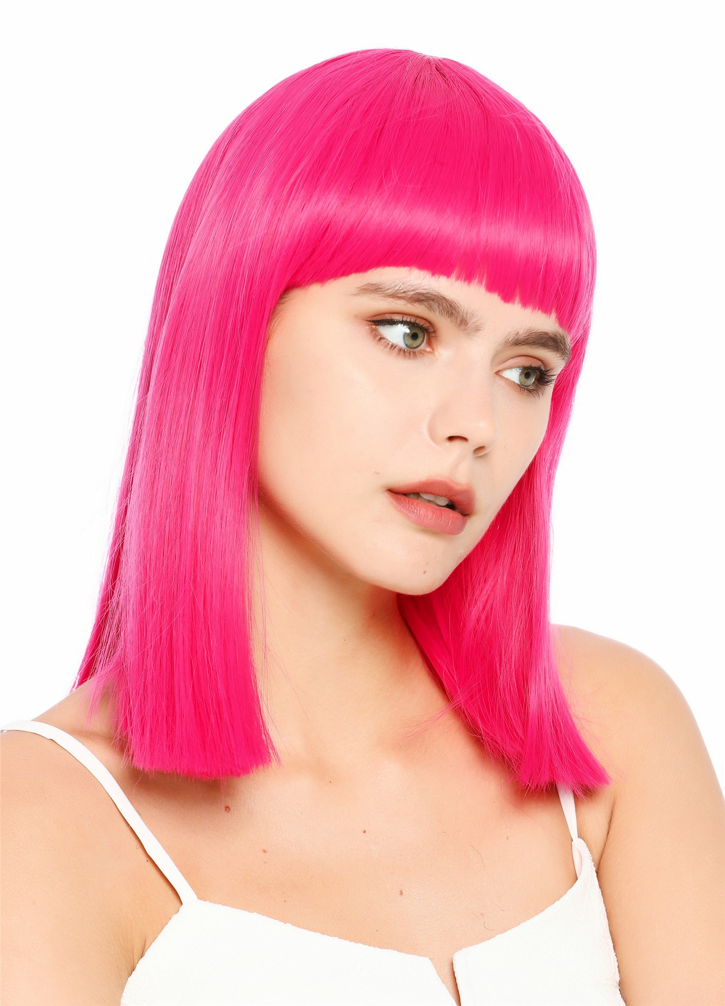 Damenperücke schulterlang blunt cut glatt breiter Pony Disco dunkles Rosa Pink SZL1498-DHT2356