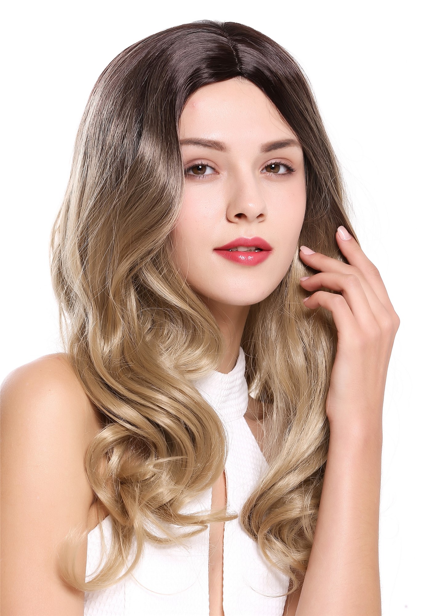 wellige Tressen-Perücke mit Kopfhaut-Imitat Dunkelbraun Blond Mix lange Haare für Damen